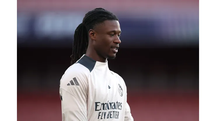 LONDON, ENGLAND - APRIL 07: Eduardo Camavinga of Real Madrid looks on during a training session ahead of their UEFA Champions League 2024/25 quarter final first leg match at Emirates Stadium on April 07, 2025 in London, England. (Photo by Alex Davidson/Getty Images)