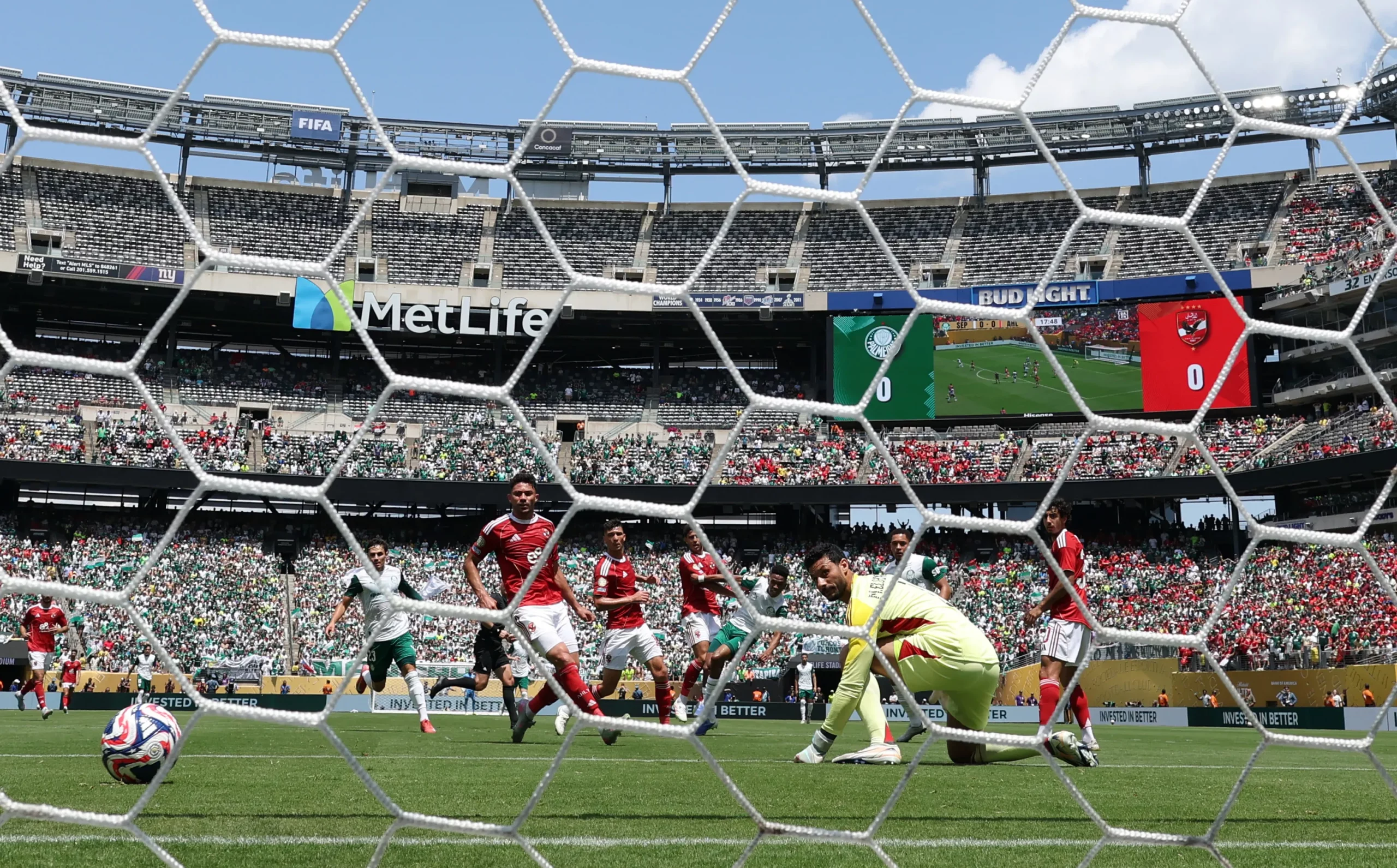 EAST RUTHERFORD, NEW JERSEY – JUNE 19: (EDITOR’S NOTE: Image was captured using a remote camera from behind the goal.) Mohamed Elshenawy #1 of Al Ahly FC looks on as a shot goes wide during the FIFA Club World Cup 2025 group A match between SE Palmeiras and Al Ahly SC at MetLife Stadium on June 19, 2025 in East Rutherford, New Jersey. (Photo by Al Bello/Getty Images)