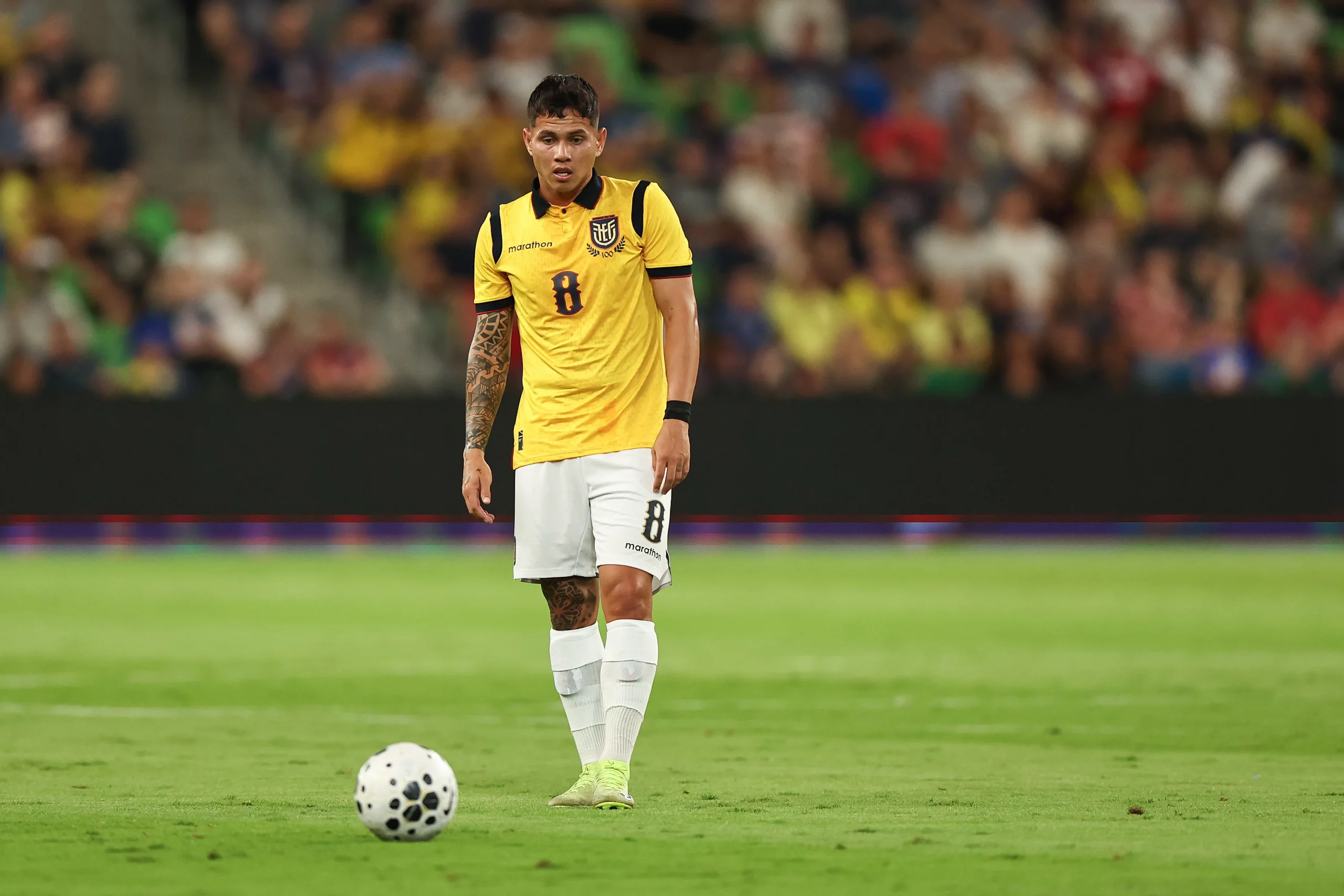 AUSTIN, TEXAS – OCTOBER 10: Jordy Alcivar #8 of Ecuador looks on during an international friendly match between United States and Ecuador at Q2 Stadium on October 10, 2025 in Austin, Texas. (Photo by Omar Vega/Getty Images)