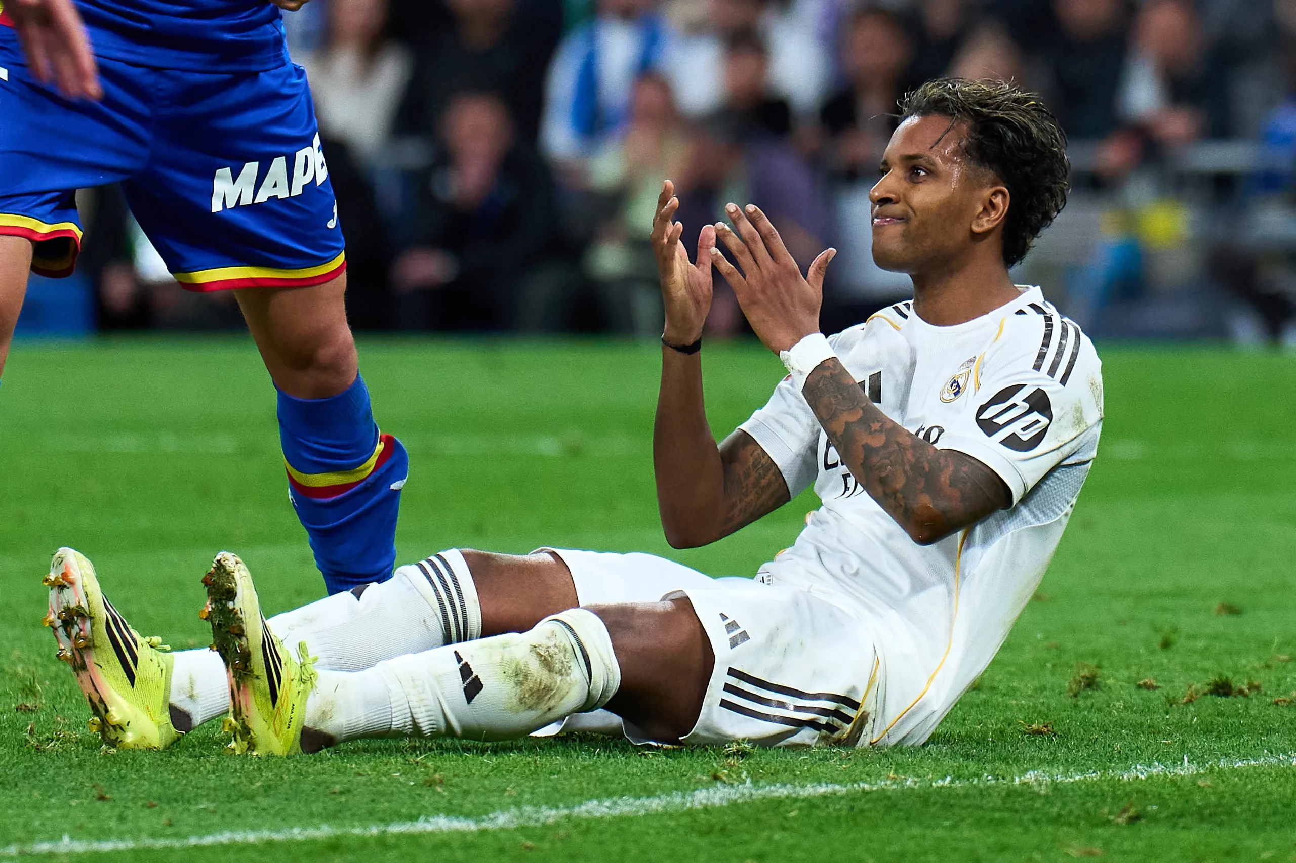 MADRID, SPAIN – MARCH 02: Rodrygo Goes of Real Madrid reacts during the LaLiga EA Sports match between Real Madrid CF and Getafe CF at Estadio Santiago Bernabeu on March 02, 2026 in Madrid, Spain. (Photo by Angel Martinez/Getty Images)