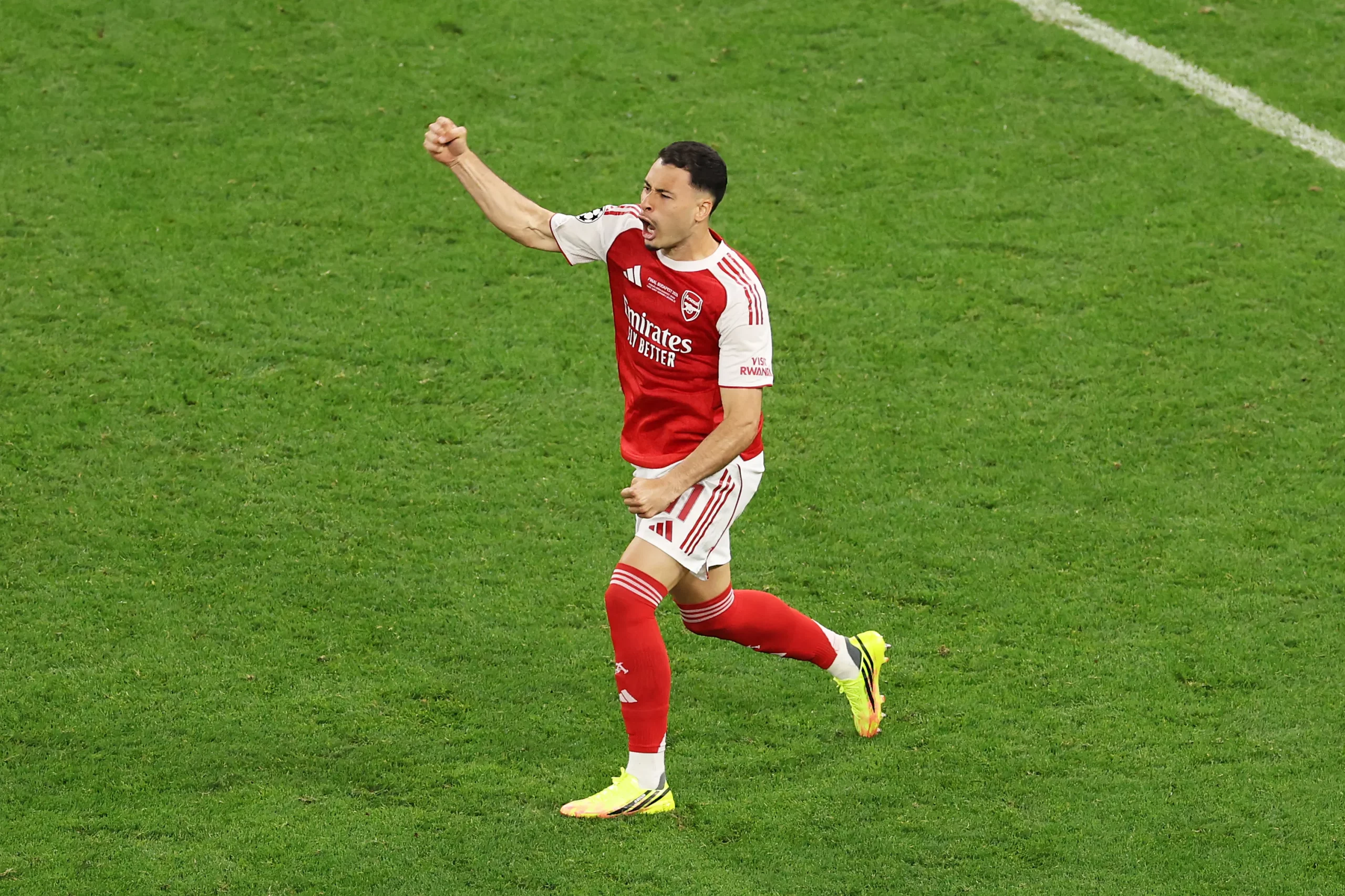 BUDAPEST, HUNGARY – MAY 30: Gabriel Martinelli of Arsenal celebrates scoring his team’s fourth goal during the UEFA Champions League Final 2026 match between Paris Saint-Germain and Arsenal FC at Puskas Arena on May 30, 2026 in Budapest, Hungary. (Photo by Richard Heathcote/Getty Images)
