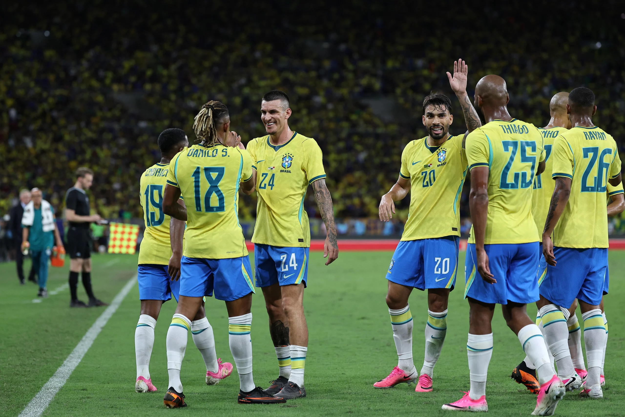 RIO DE JANEIRO, BRAZIL – MAY 31: Danilo of Brazil celebrates scoring his team’s sixth goal with teammate Ibañez during the international friendly match between Brazil and Panama at Maracana Stadium on May 31, 2026 in Rio de Janeiro, Brazil. (Photo by Wagner Meier/Getty Images)