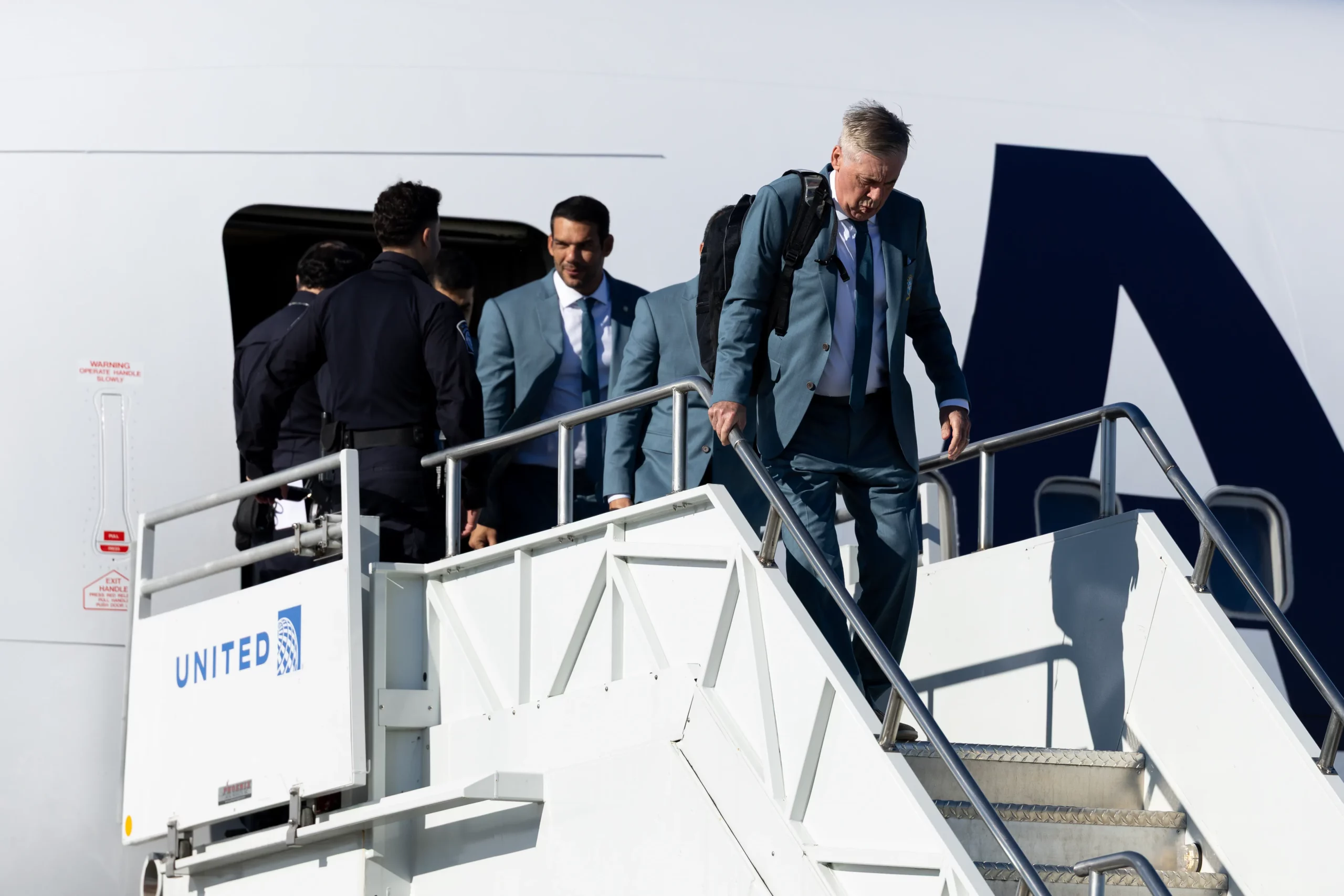 NEWARK, NEW JERSEY – JUNE 02: Manager Carlo Ancelotti of Team Brazil arrives in the United States ahead of the World Cup at Newark Liberty International Airport on June 02, 2026 in Newark, New Jersey. (Photo by Jordan Bank/Getty Images)