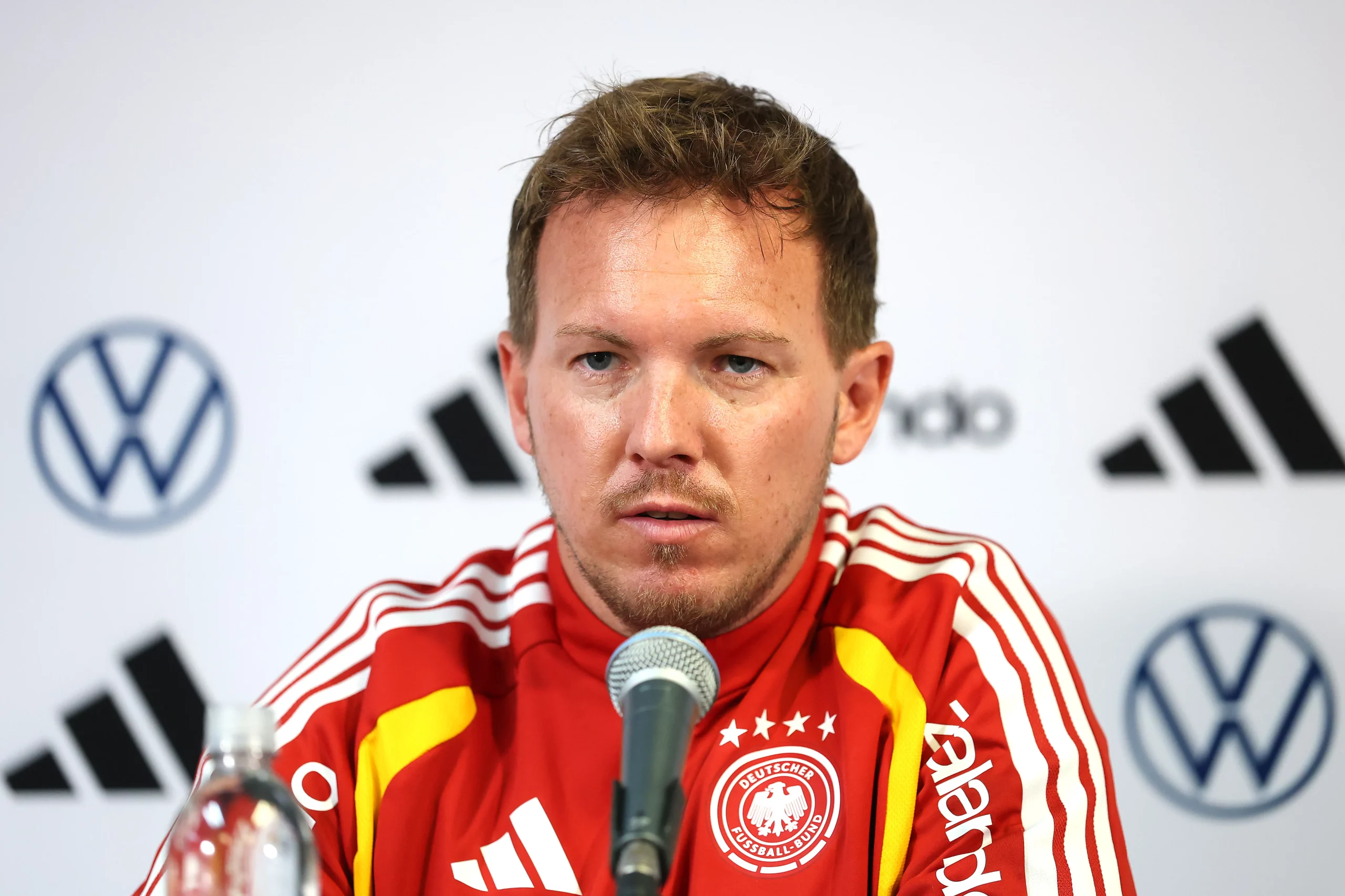 CHICAGO, ILLINOIS – JUNE 05: Julian Nagelsmann, Head Coach of Germany talks to the media during a Team Germany press conference at Soldier Field on June 05, 2026 in Chicago, Illinois. Germany will face the United States in an international friendly match on June 6, 2026. (Photo by Alexander Hassenstein/Getty Images)