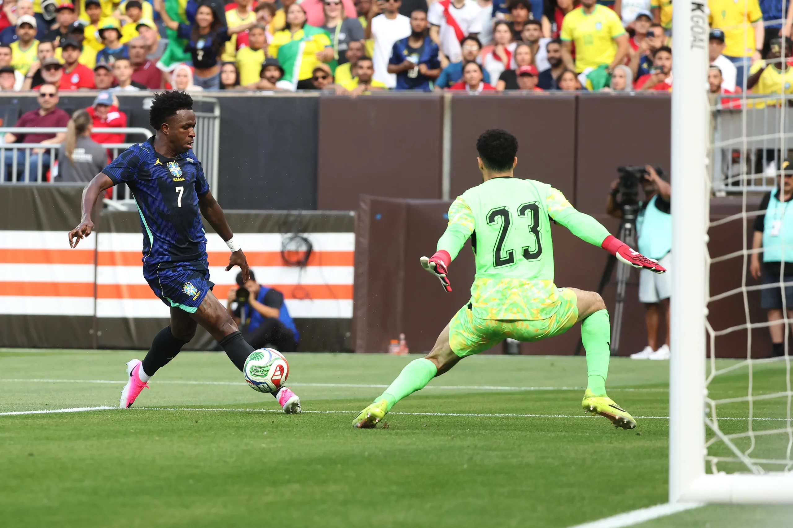 CLEVELAND, OHIO – JUNE 06: Vinícius Júnior of Brazil competes for the ball against Mostafa Shoubir of Egypt during the international friendly match between Brazil and Egypt at Huntington Bank Field on June 06, 2026 in Cleveland, Ohio. (Photo by Kirk Irwin/Getty Images)