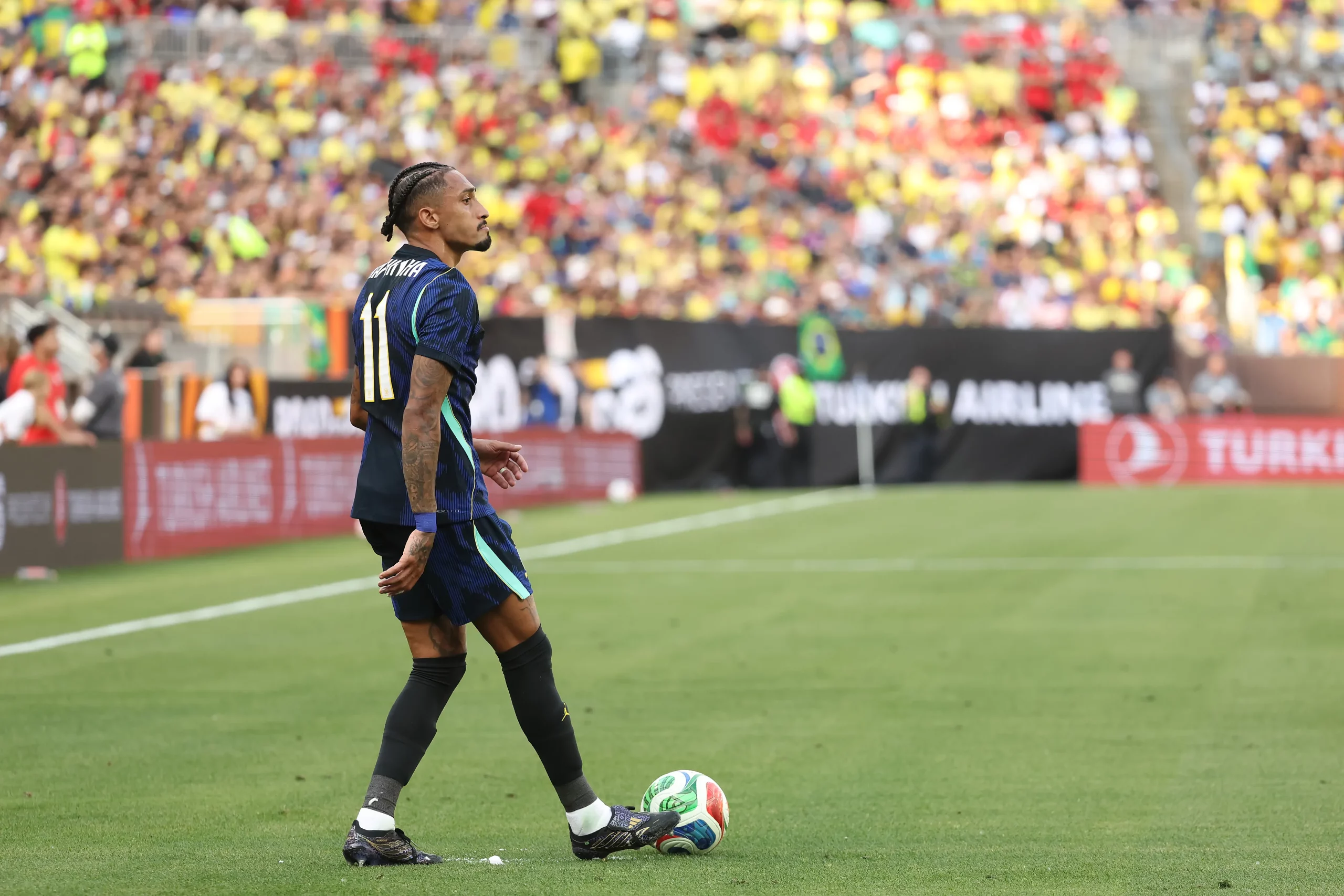 CLEVELAND, OHIO – JUNE 06: Raphinha of Brazil controls the ball during the international friendly match between Brazil and Egypt at Huntington Bank Field on June 06, 2026 in Cleveland, Ohio. (Photo by Kirk Irwin/Getty Images)