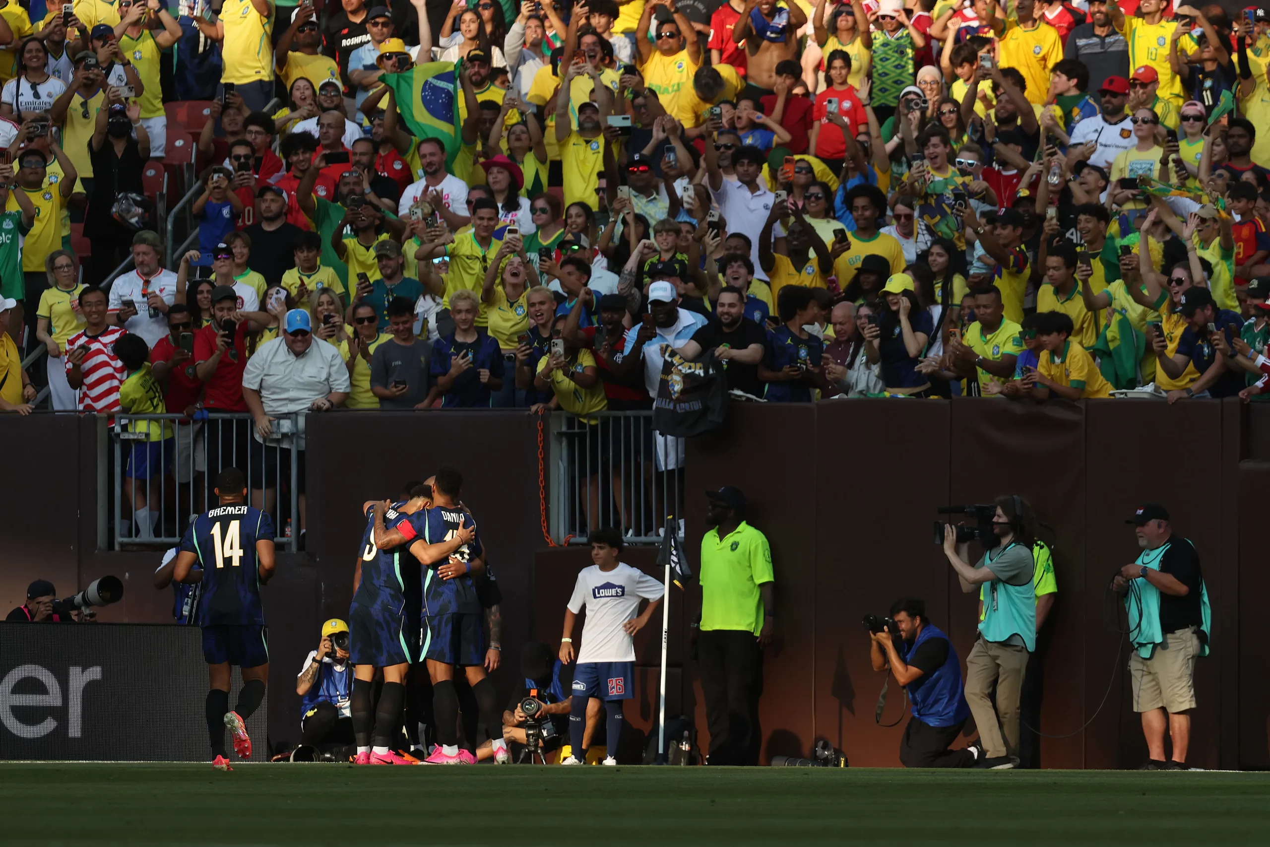 CLEVELAND, OHIO – JUNE 06: Endrick of Brazil celebrates with teammates after scoring the team’s second goal during the international friendly match between Brazil and Egypt at Huntington Bank Field on June 06, 2026 in Cleveland, Ohio. (Photo by Kirk Irwin/Getty Images)