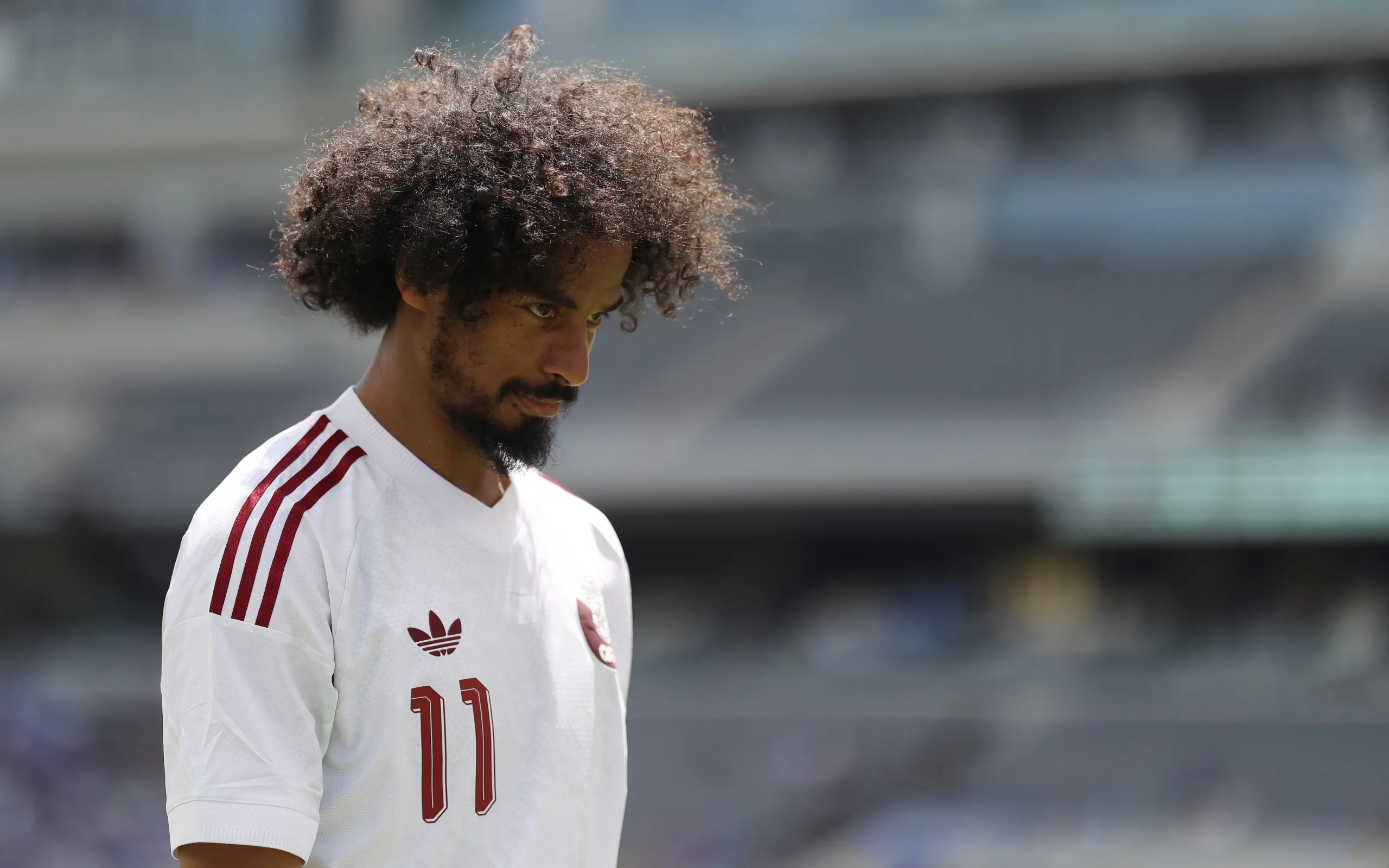 LOS ANGELES, CALIFORNIA – JUNE 06: Akram Afif #11 of Qatar looks on during the international friendly match between Qatar and El Salvador at BMO Stadium on June 06, 2026 in Los Angeles, California. (Photo by Luiza Moraes/Getty Images)