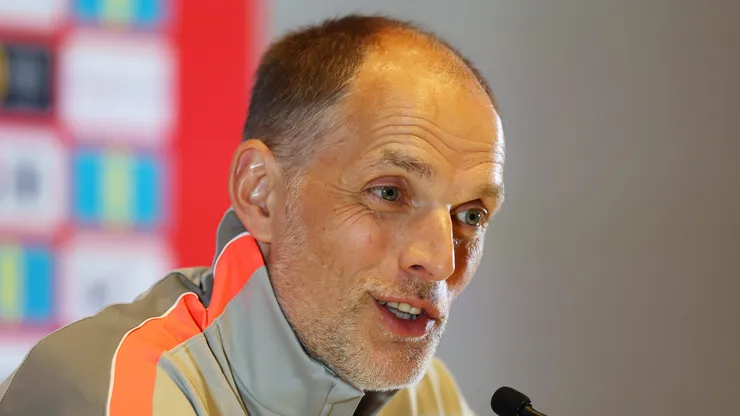 PALM BEACH GARDENS, FLORIDA - JUNE 09: Thomas Tuchel, Manager of England, speaks to the media during an England Press Conference on June 09, 2026 in Palm Beach Gardens, Florida. (Photo by Richard Pelham/Getty Images)