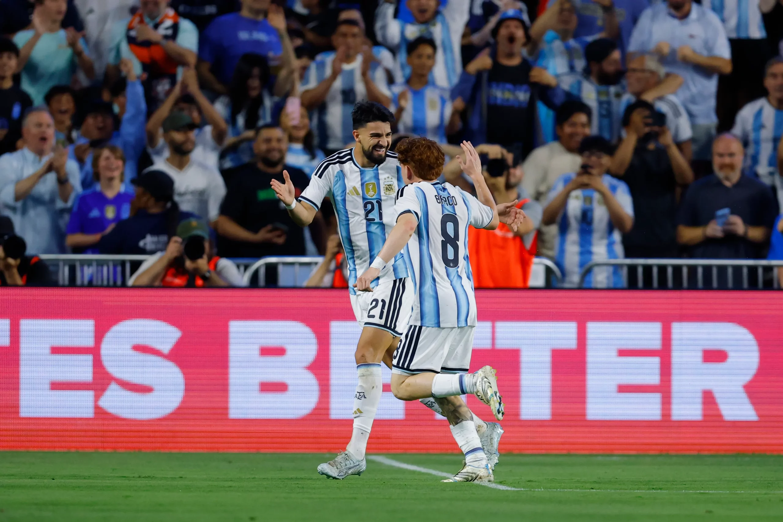 AUBURN, ALABAMA – JUNE 09: Valentin Barco of Argentina celebrates with teammate Juan Manuel Lopez after scoring the team’s first goal during the international friendly match between Argentina and Iceland at Jordan-Hare Stadium on June 09, 2026 in Auburn, Alabama. (Photo by Todd Kirkland/Getty Images)