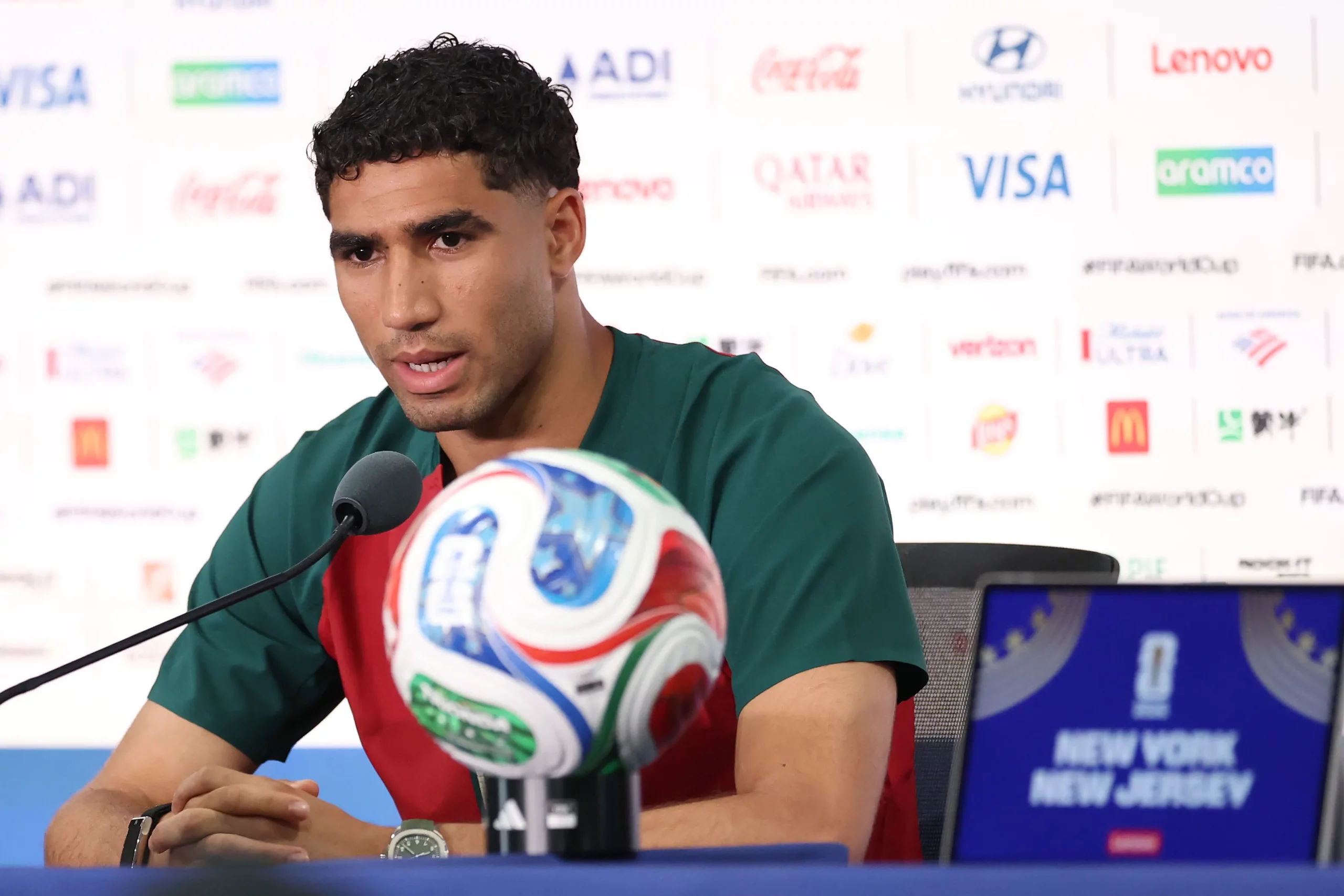 EAST RUTHERFORD, NEW JERSEY – JUNE 12: Morocco captain Achraf Hakimi speaks to the media during a press conference one day ahead of the FIFA World Cup 2026 Group C match between Brazil and Morocco at New York New Jersey Stadium on June 12, 2026 in East Rutherford, New Jersey. (Photo by Darrian Traynor/Getty Images)