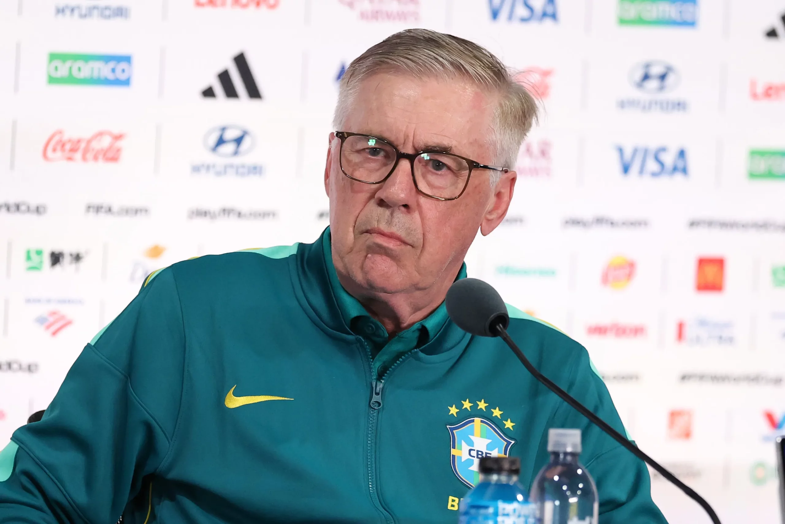EAST RUTHERFORD, NEW JERSEY – JUNE Head Coach of Brazil Carlo Ancelotti speaks to the media during a press conference ahead of the FIFA World Cup 2026 Group C match between Brazil and Morocco at New York New Jersey Stadium on June 12, 2026 in East Rutherford, New Jersey. (Photo by Darrian Traynor/Getty Images)