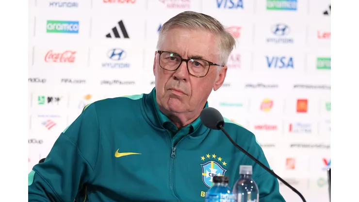 EAST RUTHERFORD, NEW JERSEY - JUNE Head Coach of Brazil Carlo Ancelotti speaks to the media during a press conference ahead of the FIFA World Cup 2026 Group C match between Brazil and Morocco at New York New Jersey Stadium on June 12, 2026 in East Rutherford, New Jersey. (Photo by Darrian Traynor/Getty Images)
