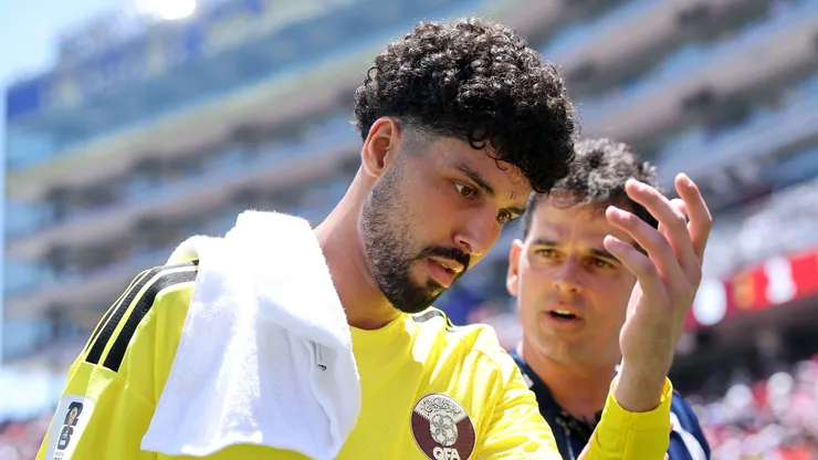 SANTA CLARA, CALIFORNIA - JUNE 13: Mahmoud Abunada #1 of Qatar reacts during the FIFA World Cup 2026 Group B match between Qatar and Switzerland at San Francisco Bay Area Stadium on June 13, 2026 in Santa Clara, California. (Photo by Alex Grimm/Getty Images)