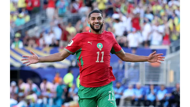 EAST RUTHERFORD, NEW JERSEY - JUNE 13: Ismael Saibari #11 of Morocco celebrates scoring his team's first goal during the FIFA World Cup 2026 Group C match between Brazil and Morocco at New York New Jersey Stadium on June 13, 2026 in East Rutherford, New Jersey. (Photo by Dan Mullan/Getty Images)