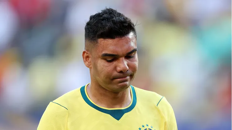 EAST RUTHERFORD, NEW JERSEY - JUNE 13: Casemiro #5 of Brazil during the FIFA World Cup 2026 Group C match between Brazil and Morocco at New York New Jersey Stadium on June 13, 2026 in East Rutherford, New Jersey. (Photo by Dan Mullan/Getty Images)