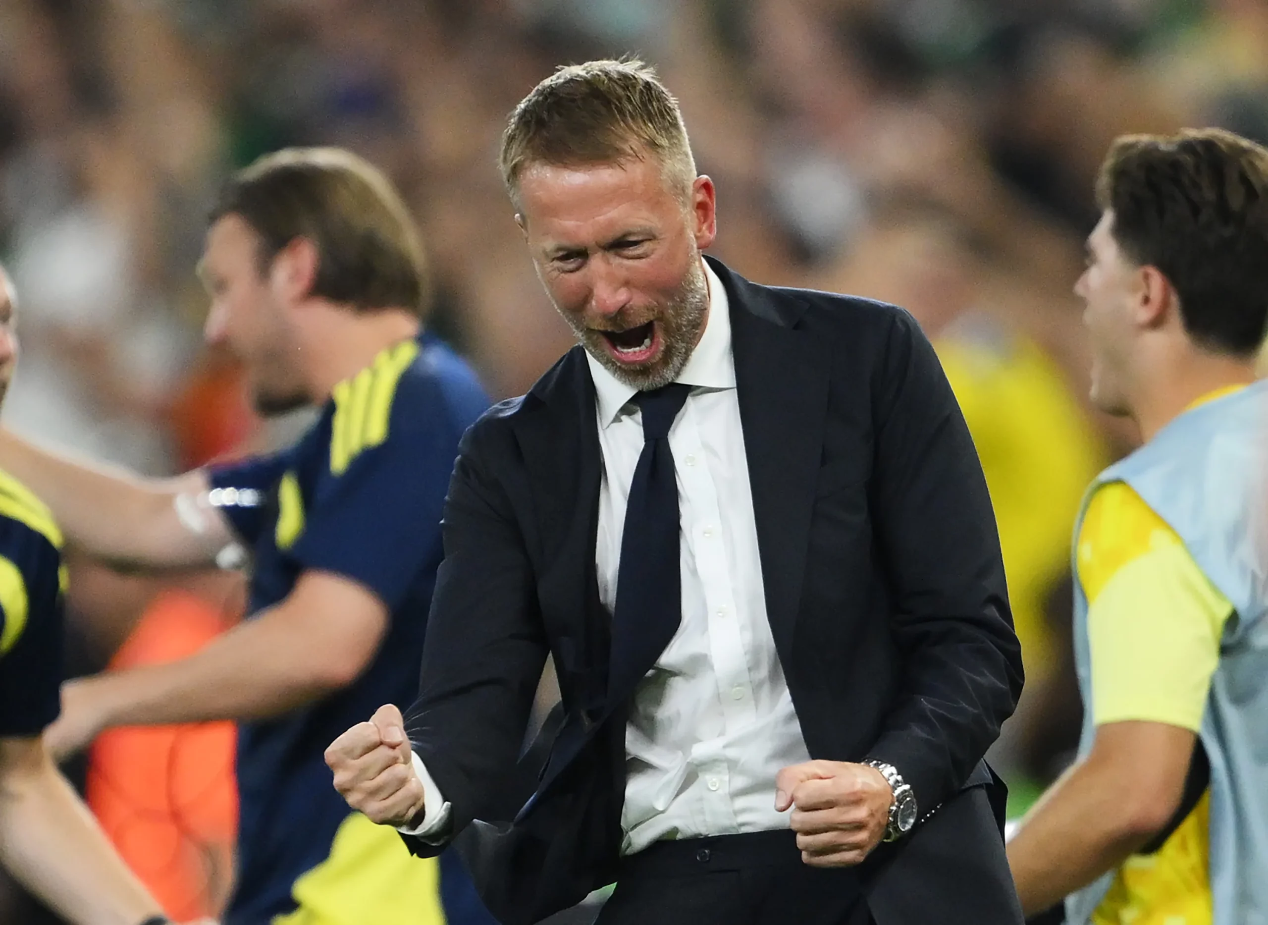 GUADALUPE, MEXICO – JUNE 14: Graham Potter, Head Coach of Sweden, celebrates sa Alexander Isak #9 (not pictured) scores his team’s second goal during the FIFA World Cup 2026 Group F match between Sweden and Tunisia at Monterrey Stadium on June 14, 2026 in Guadalupe, Mexico. (Photo by David Ramos/Getty Images)