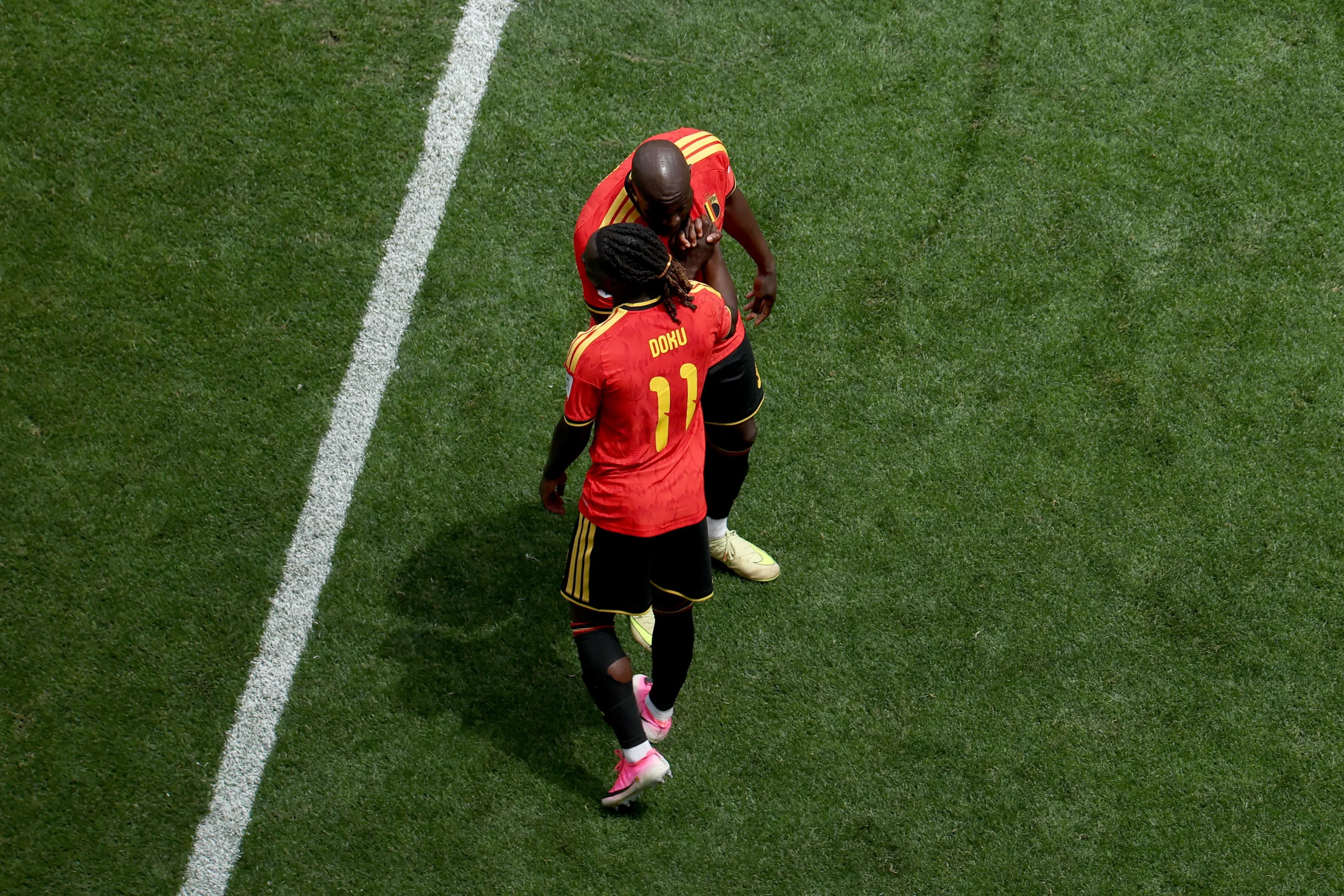 SEATTLE, WASHINGTON – JUNE 15: Romelu Lukaku #9 of Belgium celebrates with Jeremy Doku #11 after forcing an own goal by Mohamed Hany #3 of Egypt during the FIFA World Cup 2026 Group G match between Belgium and Egypt at Seattle Stadium on June 15, 2026 in Seattle, Washington. (Photo by Emilee Chinn/Getty Images)