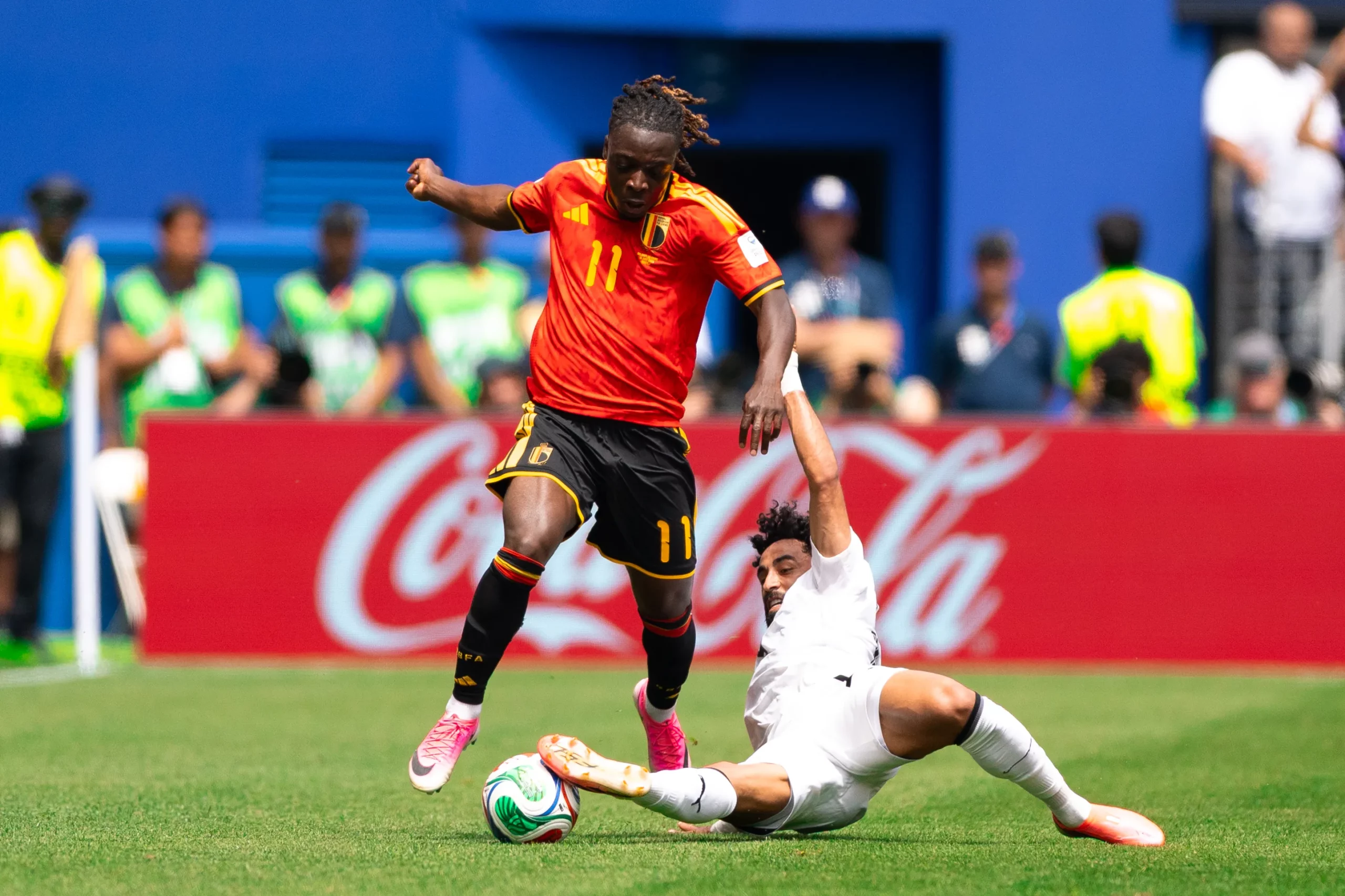 SEATTLE, WASHINGTON – JUNE 15: Jeremy Doku of Belgium competes for the ball with Mohamed Hany of Egypt during the FIFA World Cup 2026 Group G match between Belgium and Egypt at Seattle Stadium on June 15, 2026 in Seattle, Washington. (Photo by Fran Santiago/Getty Images)