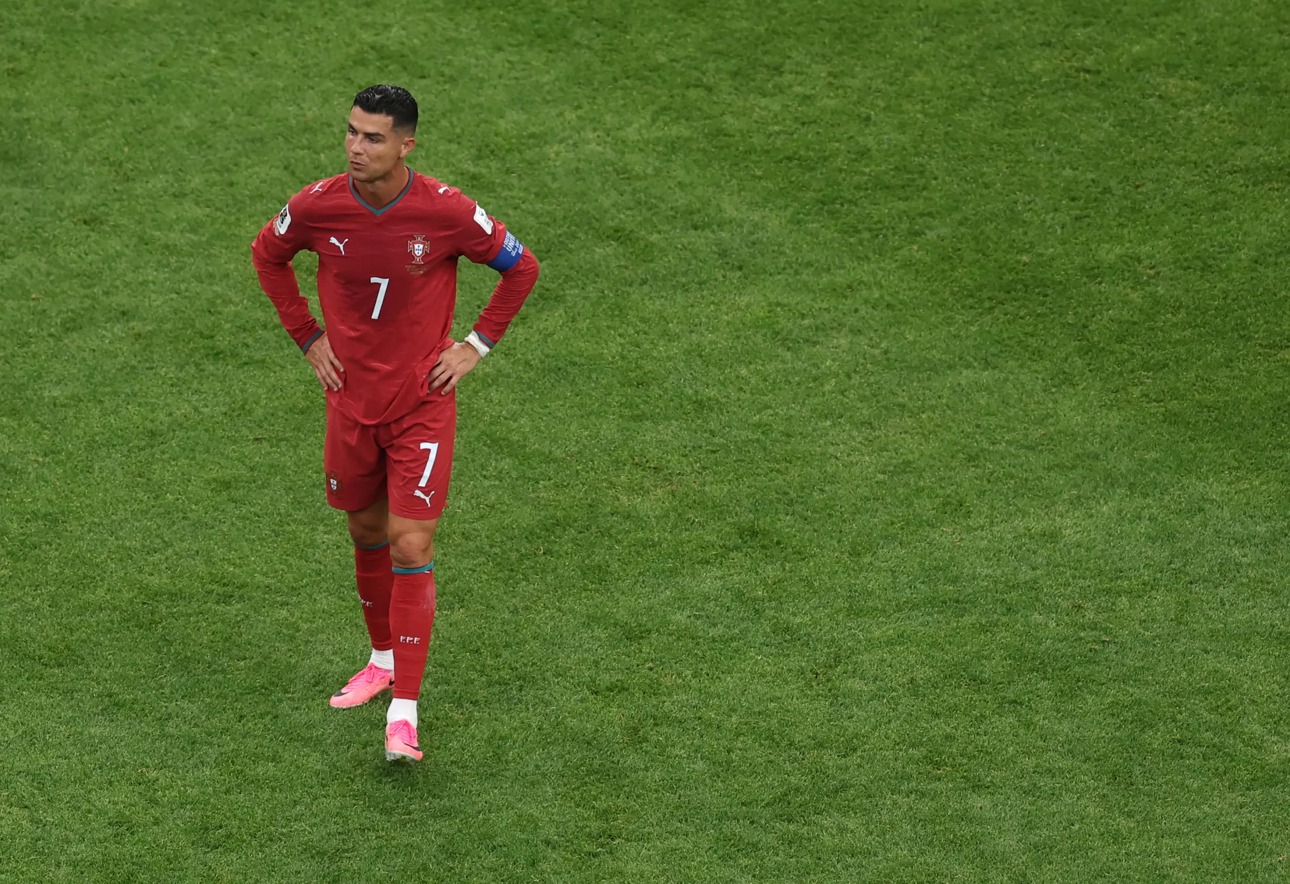 HOUSTON, TEXAS – JUNE 17: Cristiano Ronaldo #7 of Portugal reacts after the 1-1 draw during the FIFA World Cup 2026 Group K match between Portugal and Congo DR at Houston Stadium on June 17, 2026 in Houston, Texas. (Photo by Lars Baron/Getty Images)