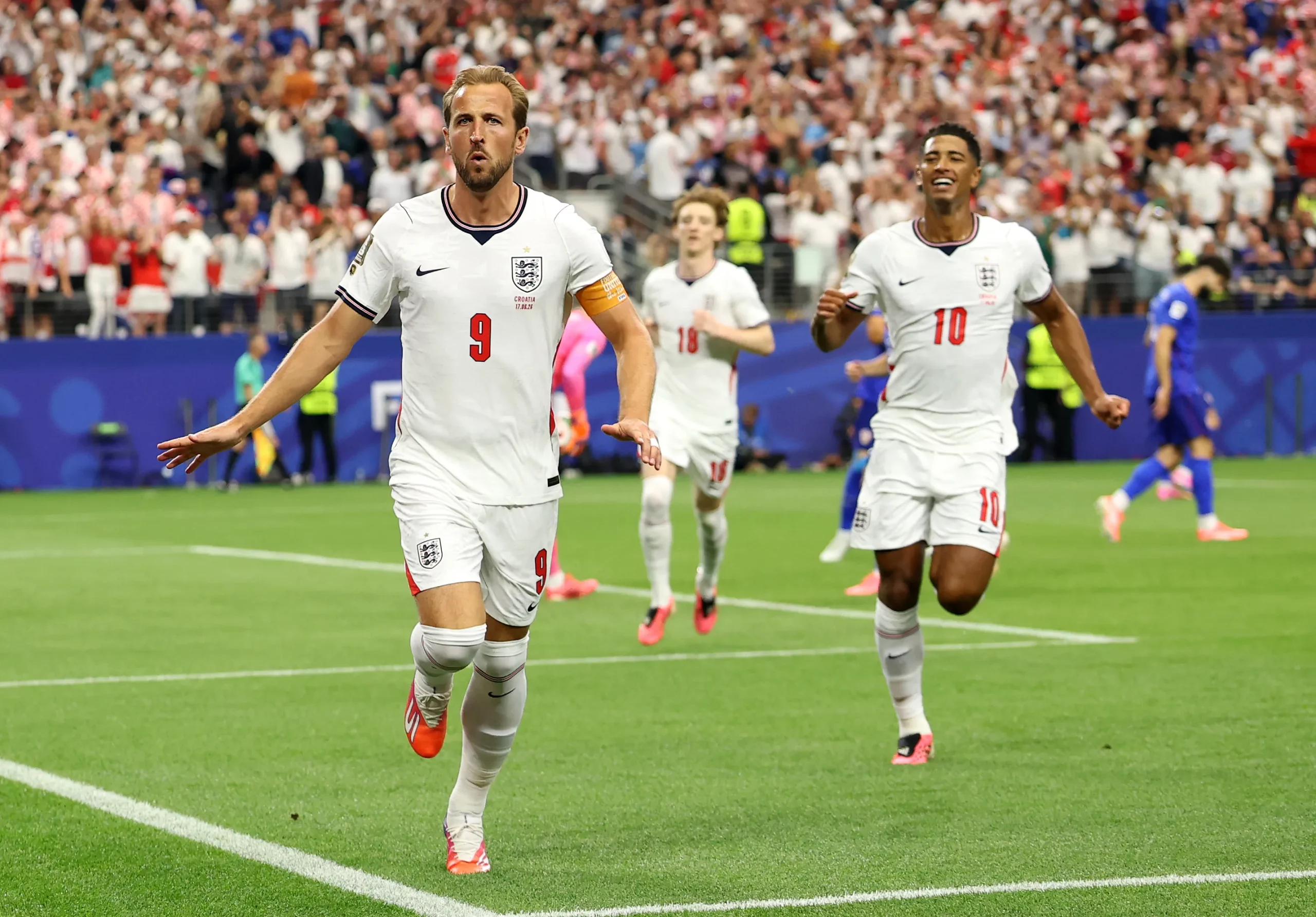 ARLINGTON, TEXAS – JUNE 17: Harry Kane #9 of England celebrates after scoring a penalty for his team’s first goal during the FIFA World Cup 2026 Group L match between England and Croatia at Dallas Stadium on June 17, 2026 in Arlington, Texas. (Photo by Charlotte Wilson/Getty Images)