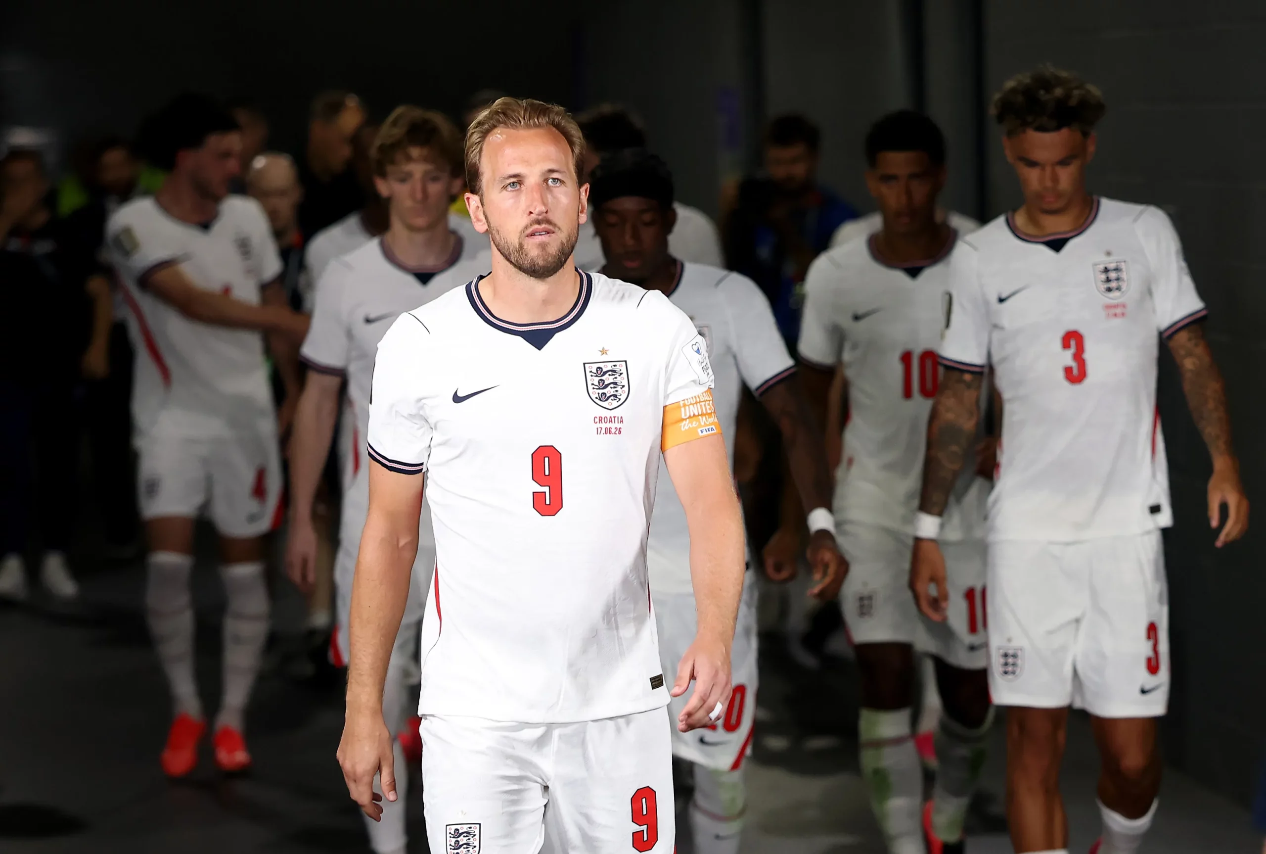 ARLINGTON, TEXAS – JUNE 17: Harry Kane #9 of England leads the team out of the tunnel during the FIFA World Cup 2026 Group L match between England and Croatia at Dallas Stadium on June 17, 2026 in Arlington, Texas. (Photo by Charlotte Wilson/Getty Images)