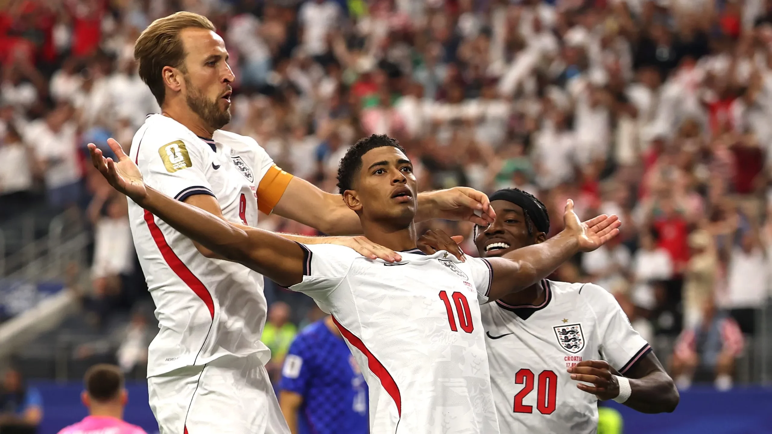 ARLINGTON, TEXAS – JUNE 17: Jude Bellingham #10 of England celebrates with Harry Kane #9 after scoring the team’s third goal during the FIFA World Cup 2026 Group L match between England and Croatia at Dallas Stadium on June 17, 2026 in Arlington, Texas. (Photo by Francois Nel/Getty Images)