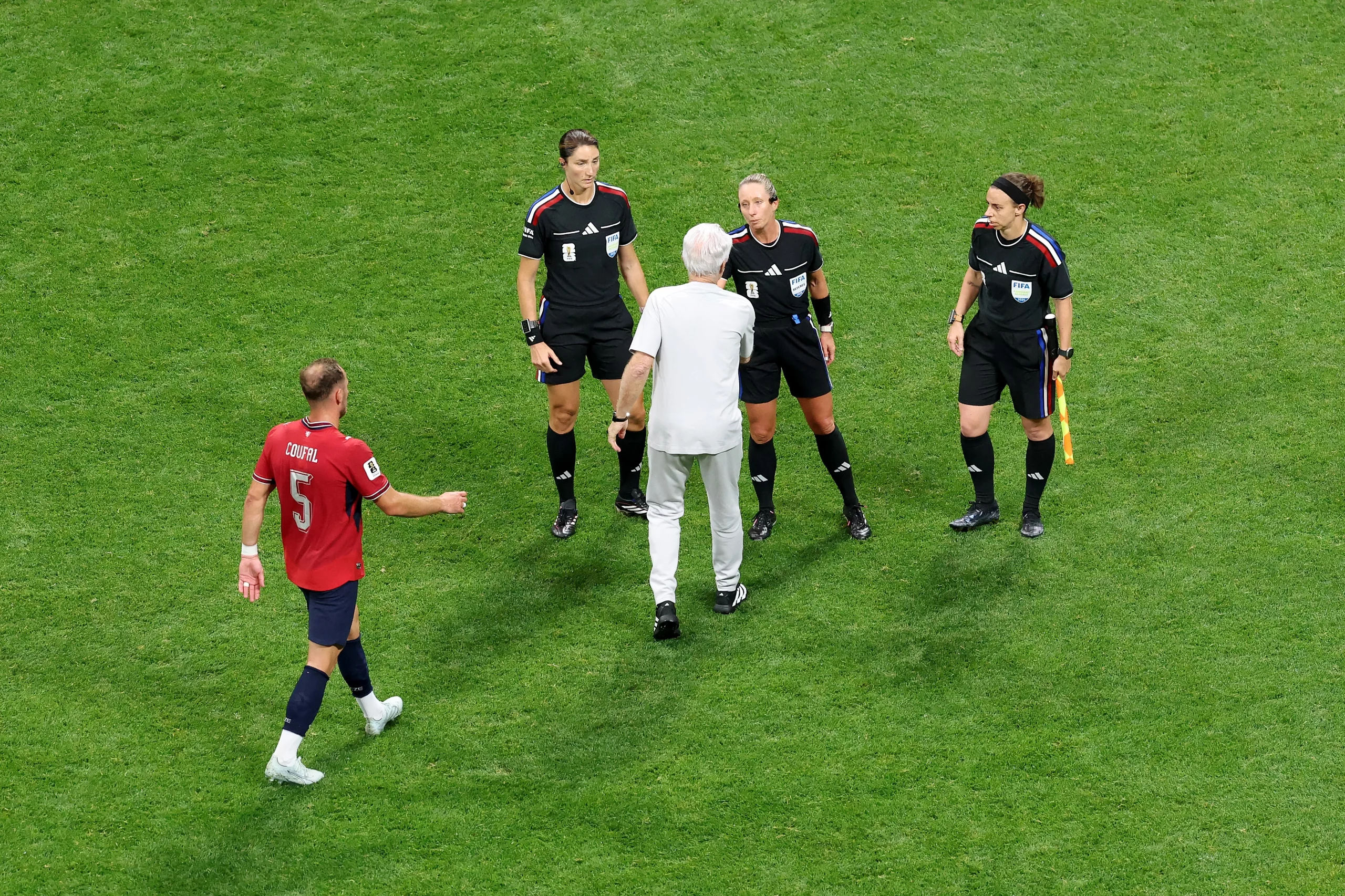ATLANTA, GEORGIA – JUNE 18: Hugo Broos, Head Coach of South Africa, shakes hands with referee Tori Penso after the 1-1 draw the FIFA World Cup 2026 Group A match between Czechia and South Africa at Atlanta Stadium on June 18, 2026 in Atlanta, Georgia. (Photo by Molly Darlington/Getty Images)