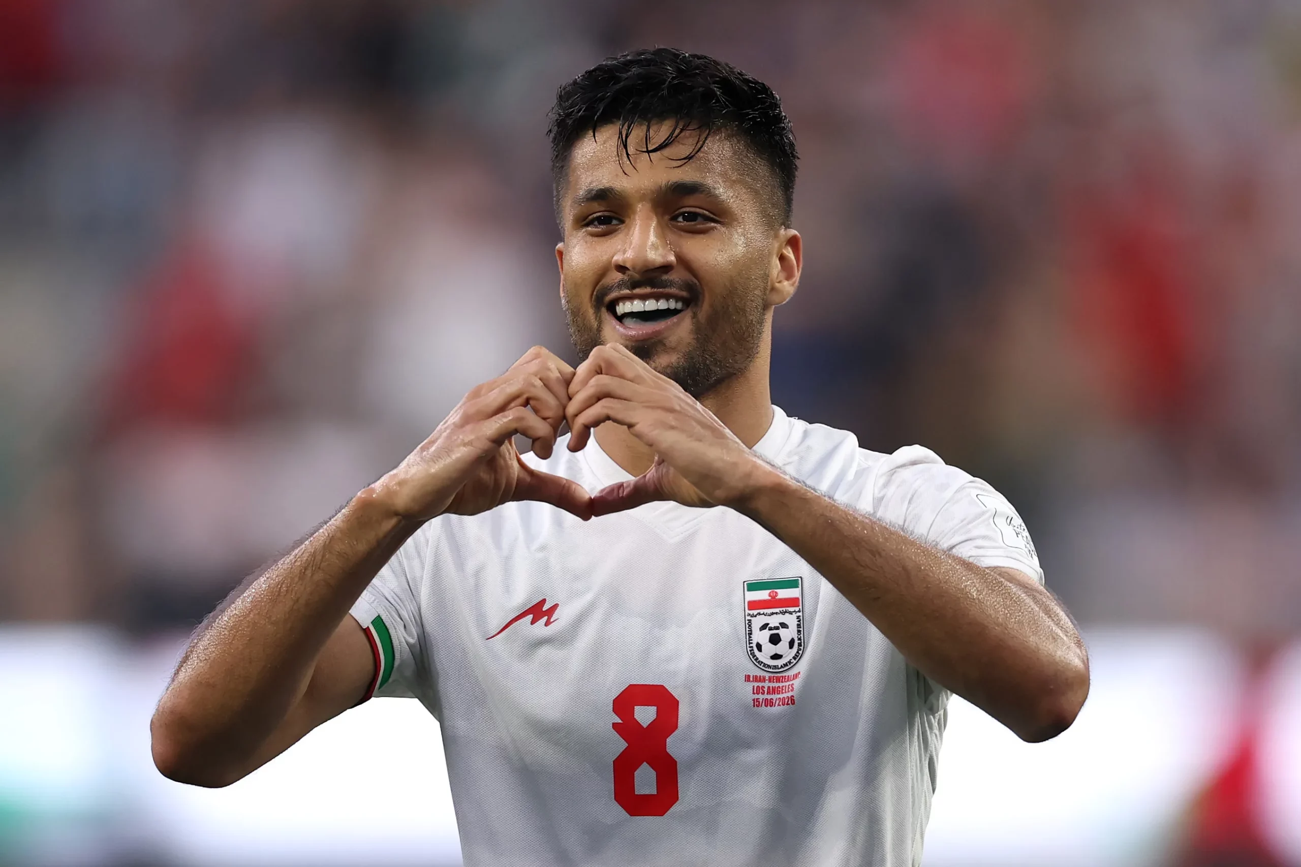 LOS ANGELES, CALIFORNIA – JUNE 15: Mohammad Mohebbi #8 of IR Iran celebrates scoring during the FIFA World Cup 2026 Group G match between IR Iran and New Zealand at Los Angeles Stadium on June 15, 2026 in Los Angeles, California. (Photo by Richard Heathcote/Getty Images)