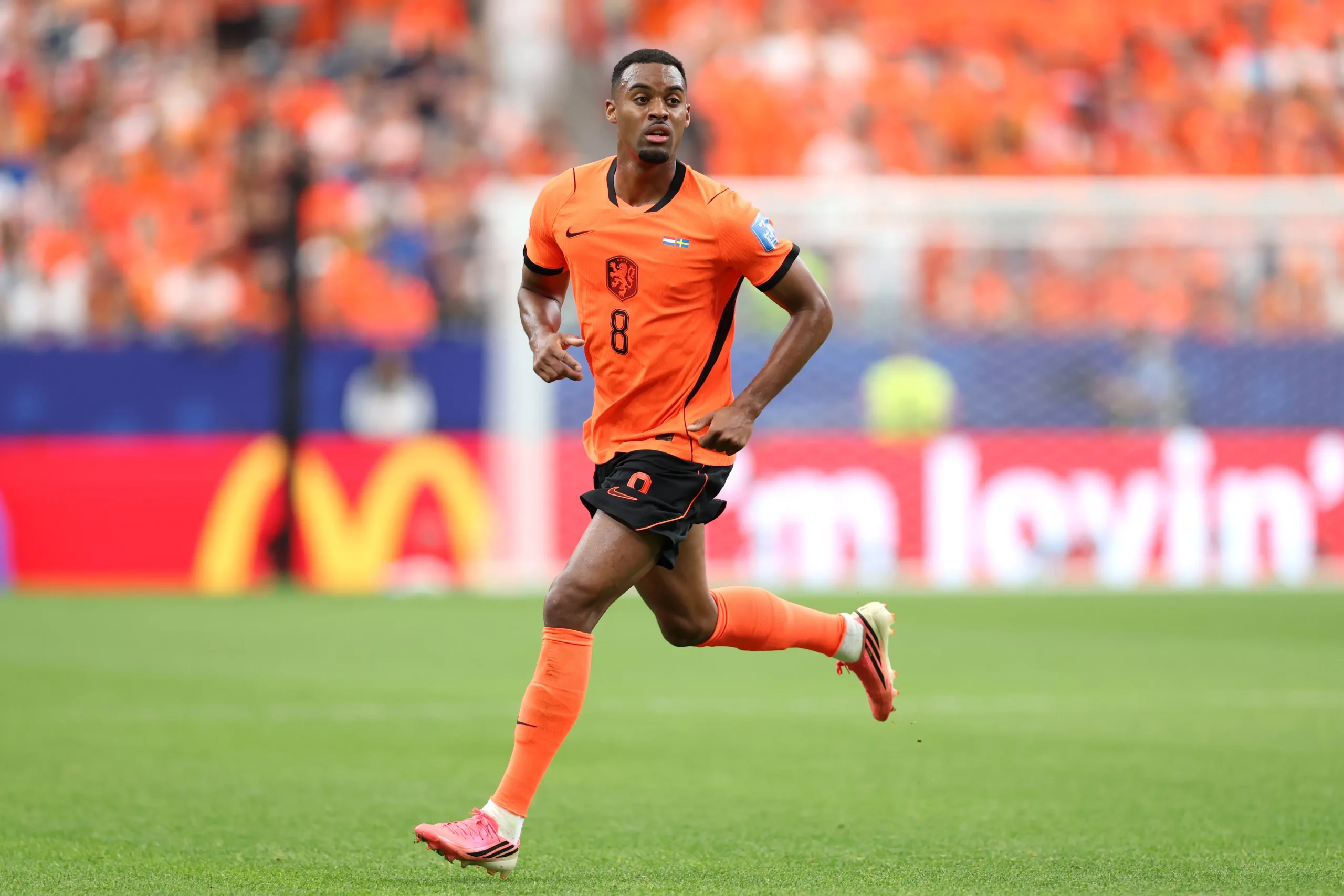 HOUSTON, TEXAS – JUNE 20: Ryan Gravenberch #8 of the Netherlands looks on during the FIFA World Cup 2026 Group F match between Netherlands and Sweden at Houston Stadium on June 20, 2026 in Houston, Texas. (Photo by Molly Darlington/Getty Images)