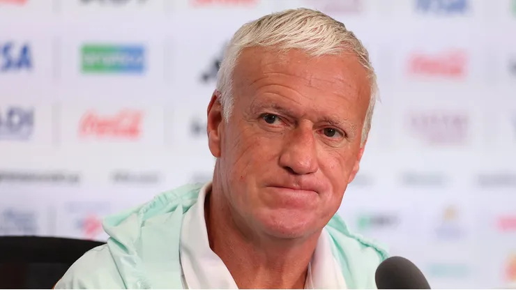 PHILADELPHIA, PENNSYLVANIA - JUNE 21: Manager Didier Deschamps of France speaks to the media during the team's press conference one day ahead of the FIFA World Cup 2026 Group I match between France and Iraq at Philadelphia Stadium on June 21, 2026 in Philadelphia, Pennsylvania. (Photo by Kevin C. Cox/Getty Images)