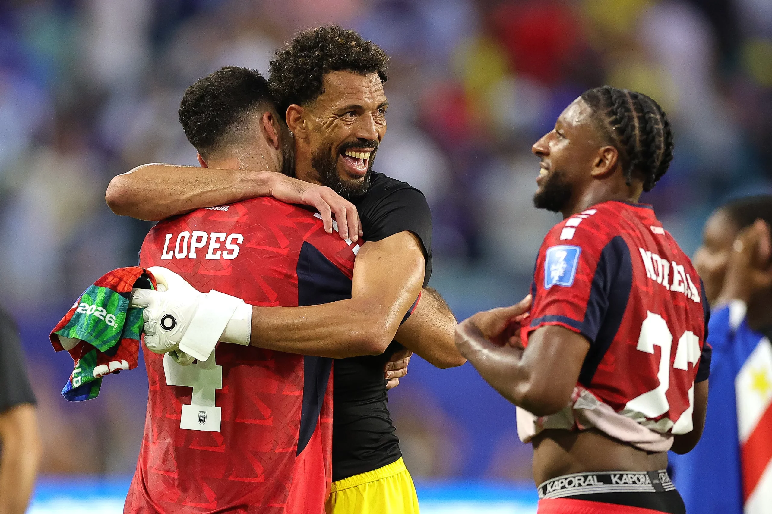 MIAMI GARDENS, FLORIDA – JUNE 21: Pico Lopes #4 and Vozinha #1 of Cabo Verde embrace after the 2-2 draw during the FIFA World Cup 2026 Group H match between Uruguay and Cabo Verde at Miami Stadium on June 21, 2026 in Miami Gardens, Florida. (Photo by Alex Slitz/Getty Images)