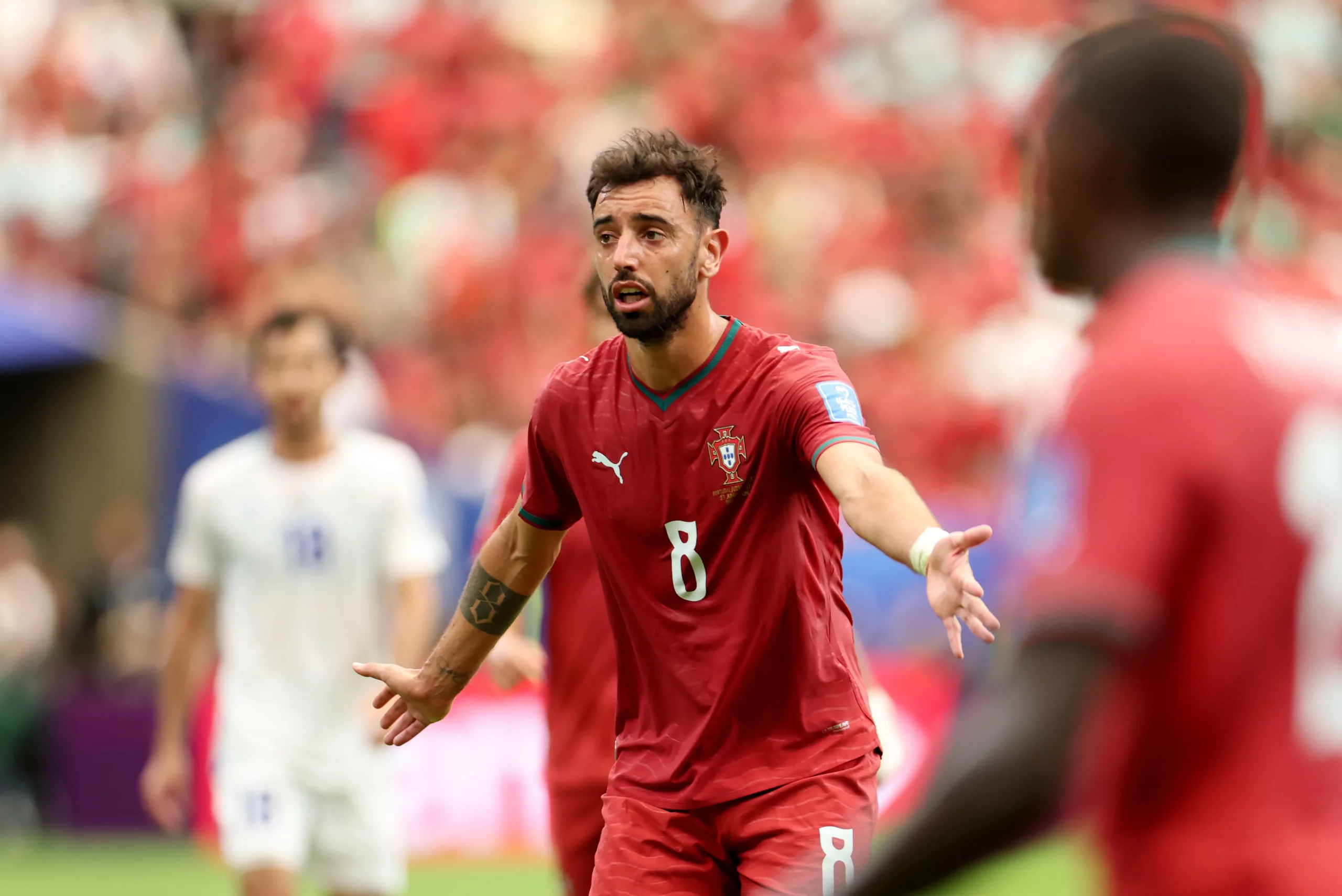 HOUSTON, TEXAS – JUNE 23: Bruno Fernandes #8 of Portugal reacts during the FIFA World Cup 2026 Group K match between Portugal and Uzbekistan at Houston Stadium on June 23, 2026 in Houston, Texas. (Photo by Charlotte Wilson/Getty Images)