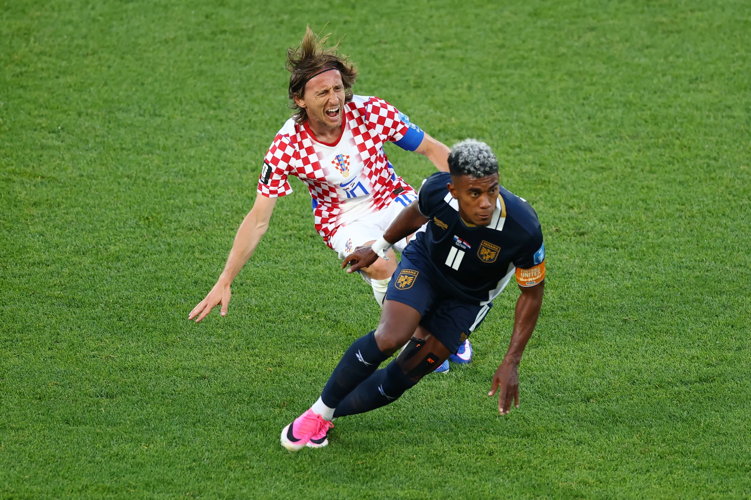 TORONTO, ONTARIO – JUNE 23: Luka Modric #10 of Croatia is fouled by Edgar Yoel Barcenas #11 of Panama during the FIFA World Cup 2026 Group L match between Panama and Croatia at Toronto Stadium on June 23, 2026 in Toronto, Ontario. (Photo by Megan Briggs/Getty Images)