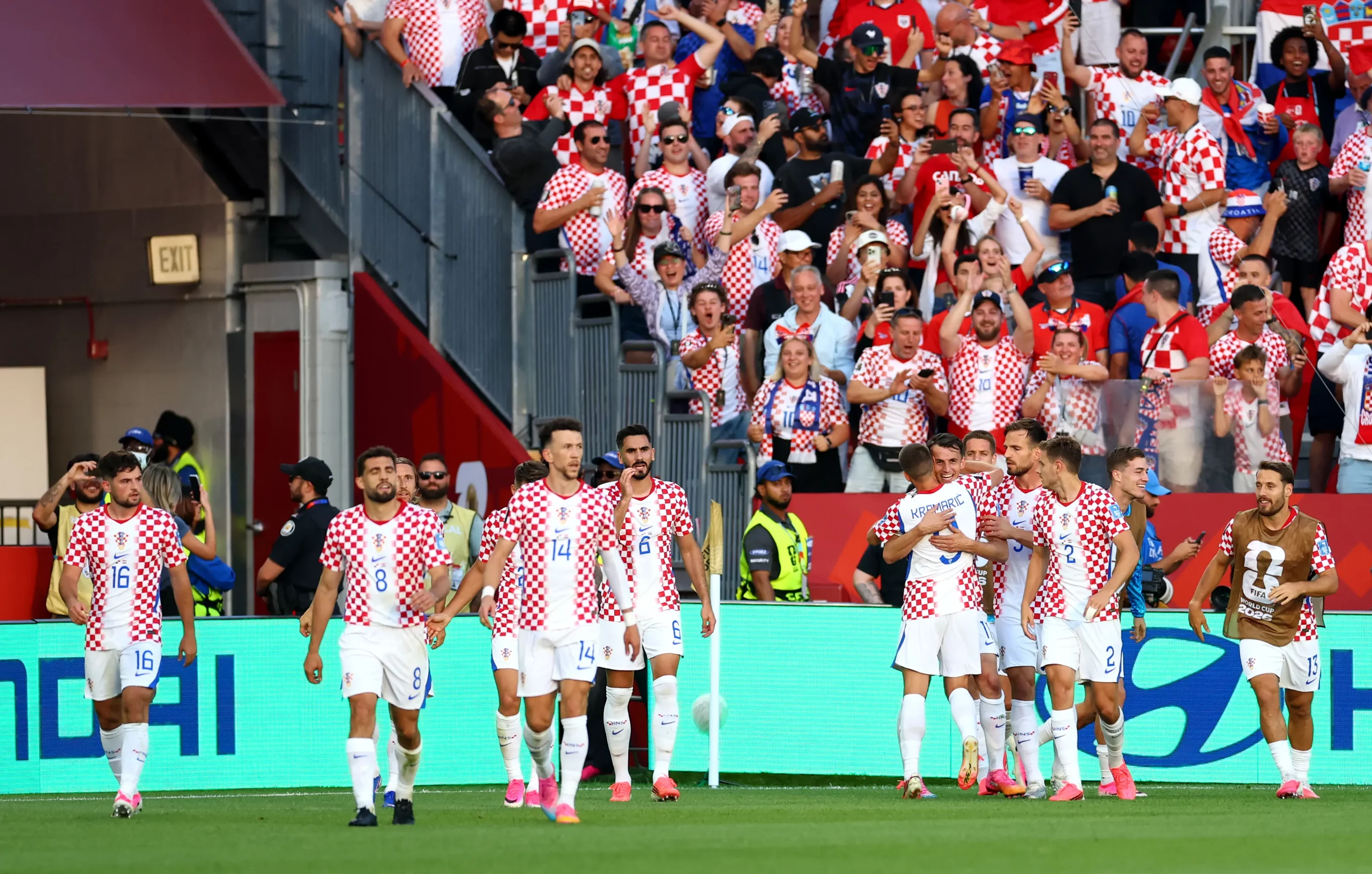TORONTO, ONTARIO – JUNE 23: Ante Budimir #11 of Croatia celebrates with teammates after scoring the team’s first goal during the FIFA World Cup 2026 Group L match between Panama and Croatia at Toronto Stadium on June 23, 2026 in Toronto, Ontario. (Photo by Robert Cianflone/Getty Images)
