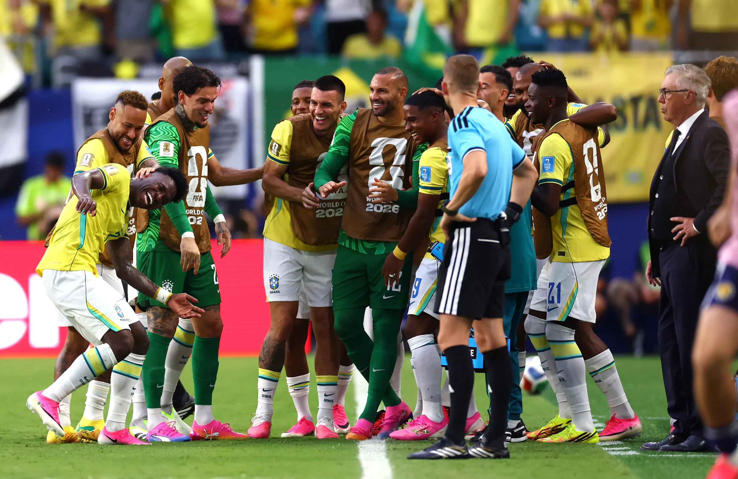 MIAMI GARDENS, FLORIDA – JUNE 24: Vinicius Junior #7 of Brazil celebrates with teammates after scoring the team’s second goal during the FIFA World Cup 2026 Group C match between Scotland and Brazil at Miami Stadium on June 24, 2026 in Miami Gardens, Florida. (Photo by Megan Briggs/Getty Images)