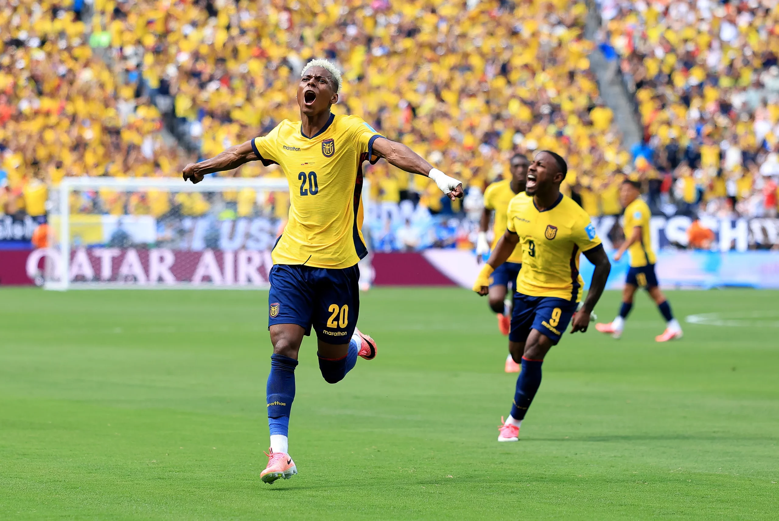EAST RUTHERFORD, NEW JERSEY – JUNE 25: Nilson Angulo #20 of Ecuador celebrates scoring his team’s first goal during the FIFA World Cup 2026 Group E match between Ecuador and Germany at New York New Jersey Stadium on June 25, 2026 in East Rutherford, New Jersey. (Photo by Buda Mendes/Getty Images)