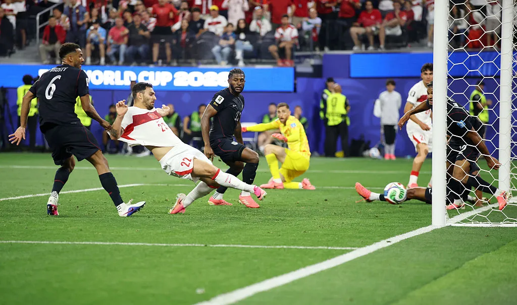 INGLEWOOD, CALIFORNIA – JUNE 25: Kaan Ayhan #22 of Turkiye scores his team’s third goal during the FIFA World Cup 2026 Group D match between Türkiye and USA at Los Angeles Stadium on June 25, 2026 in Inglewood, California. (Photo by Alex Grimm/Getty Images)