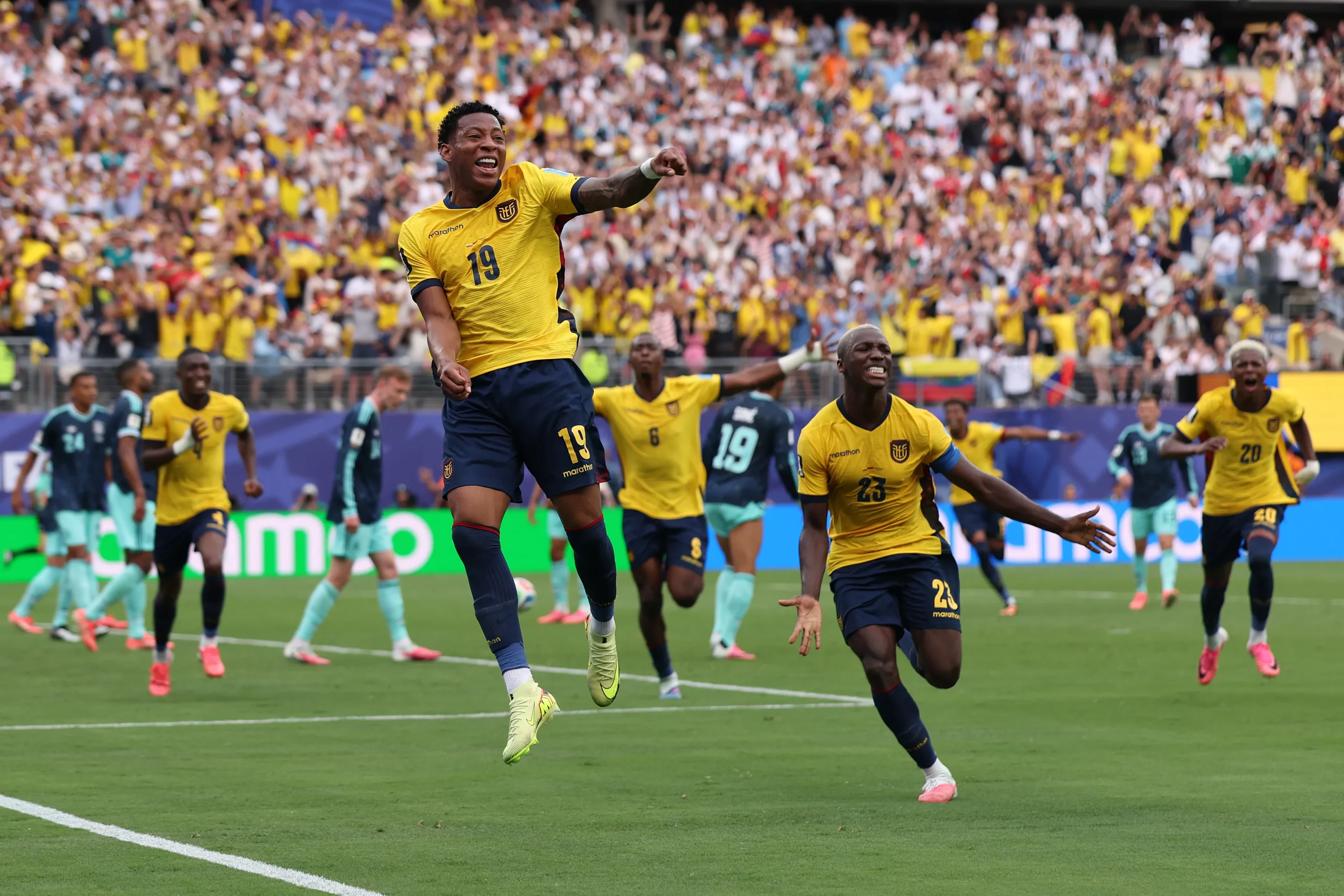 Gonzalo Plata, nº 19 do Equador, comemora o segundo gol de sua equipe durante a partida do Grupo E da Copa do Mundo da FIFA 2026 entre Equador e Alemanha. (Photo by Mattia Ozbot/Getty Images)