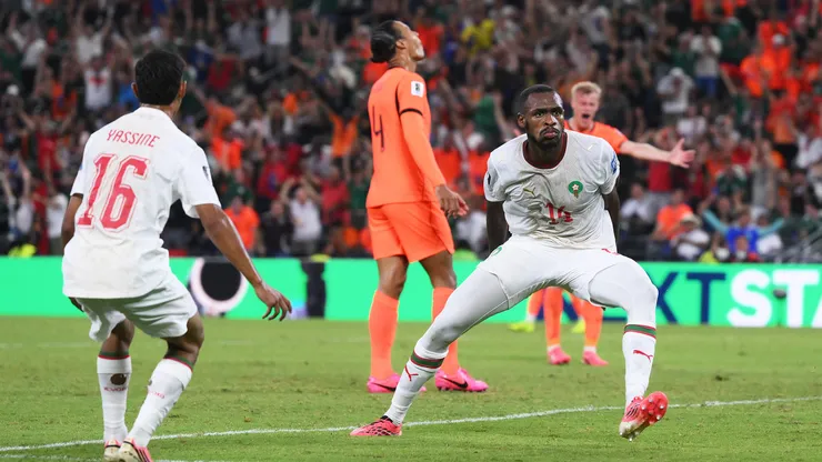 GUADALUPE, MEXICO - JUNE 29: Issa Diop #14 of Morocco celebrates scoring his team's first goal during the FIFA World Cup 2026 Round of 32 match between Netherlands and Morocco at Monterrey Stadium on June 29, 2026 in Guadalupe, Mexico. (Photo by David Ramos/Getty Images)