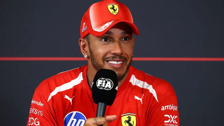 BARCELONA, SPAIN - JUNE 14: Race winner Lewis Hamilton of Great Britain and Scuderia Ferrari in the Drivers Press Conference during the F1 Grand Prix of Barcelona-Catalunya at Circuit de Barcelona-Catalunya on June 14, 2026 in Barcelona, Spain. (Photo by Clive Rose/Getty Images)