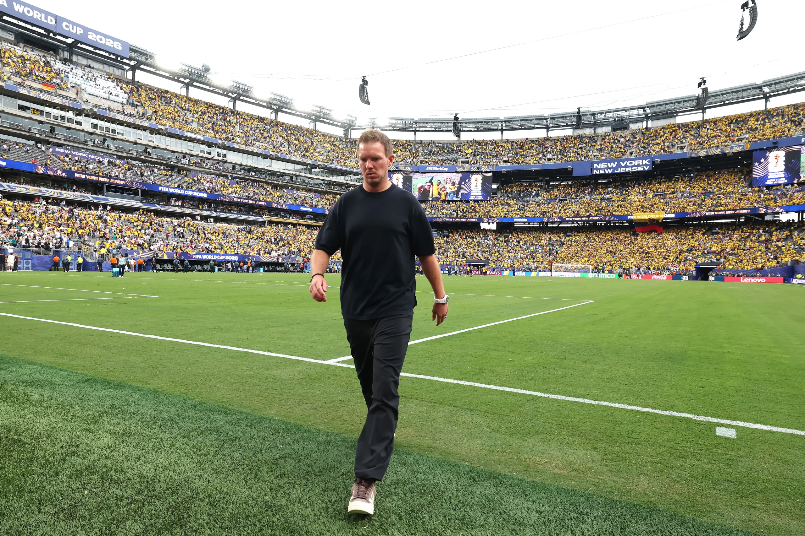 EAST RUTHERFORD, NEW JERSEY – JUNE 25: Julian Nagelsmann, Head Coach of Germany, walks off the pitch after the 1-2 loss during the FIFA World Cup 2026 Group E match between Ecuador and Germany at New York New Jersey Stadium on June 25, 2026 in East Rutherford, New Jersey. (Photo by Alexander Hassenstein/Getty Images)