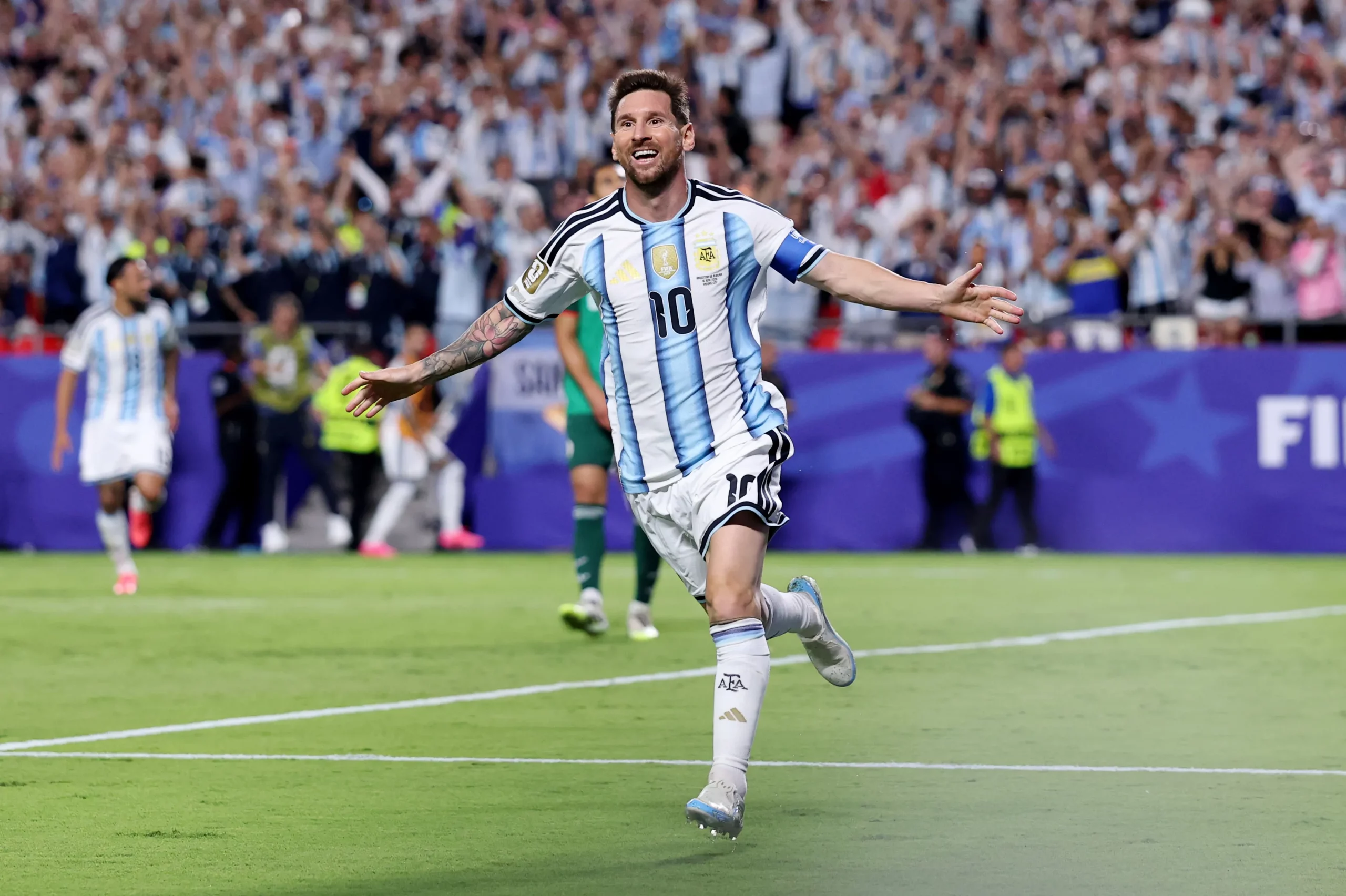 KANSAS CITY, MISSOURI – JUNE 16: Lionel Messi #10 of Argentina celebrates scoring his team’s second goal during the FIFA World Cup 2026 Group J match between Argentina and Algeria at Kansas City Stadium on June 16, 2026 in Kansas City, Missouri. (Photo by Michael Steele/Getty Images)