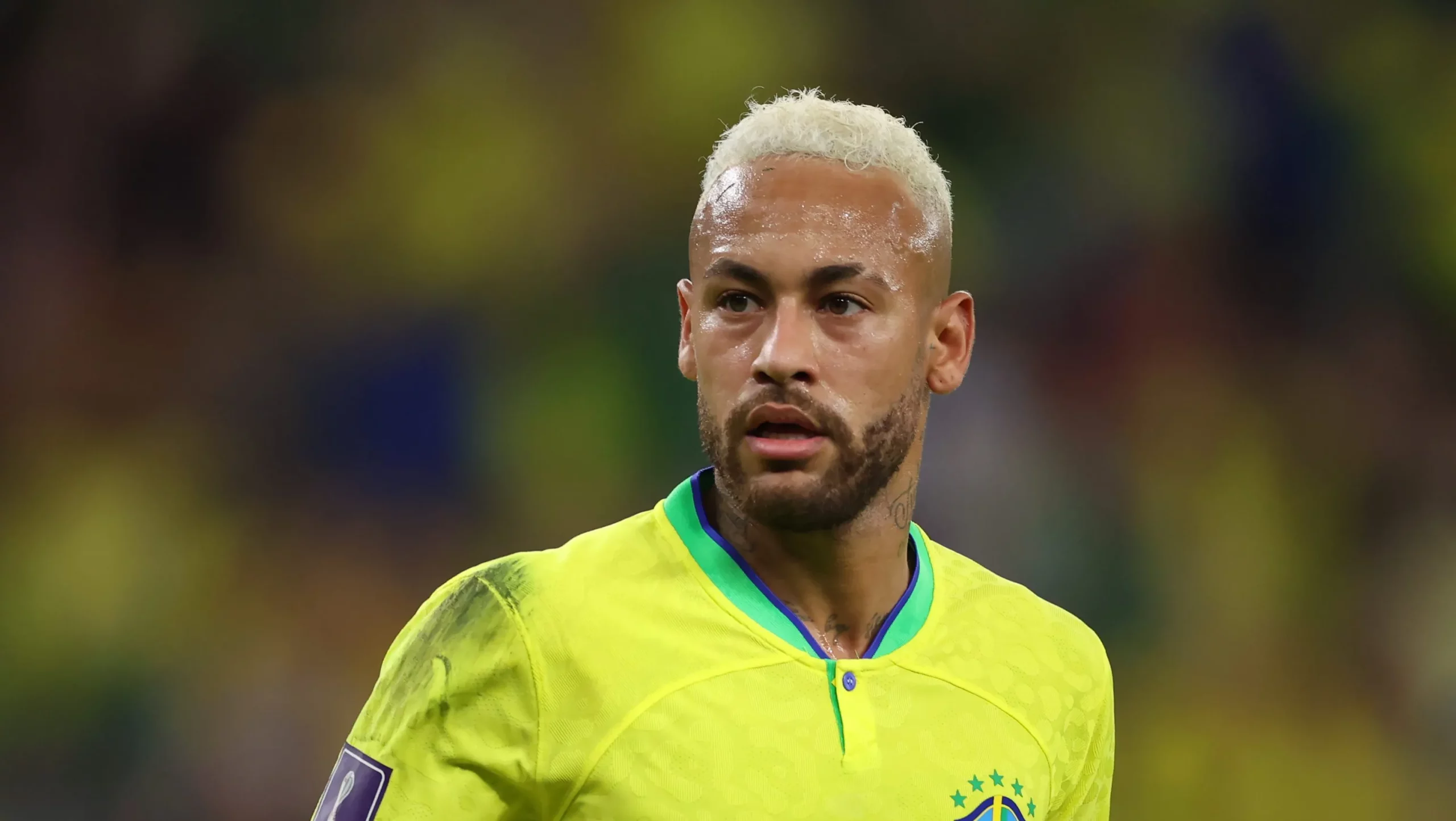 AL RAYYAN, QATAR – DECEMBER 09: Neymar of Brazil reacts during the FIFA World Cup Qatar 2022 quarter final match between Croatia and Brazil at Education City Stadium on December 09, 2022 in Al Rayyan, Qatar. (Photo by Alex Grimm/Getty Images)