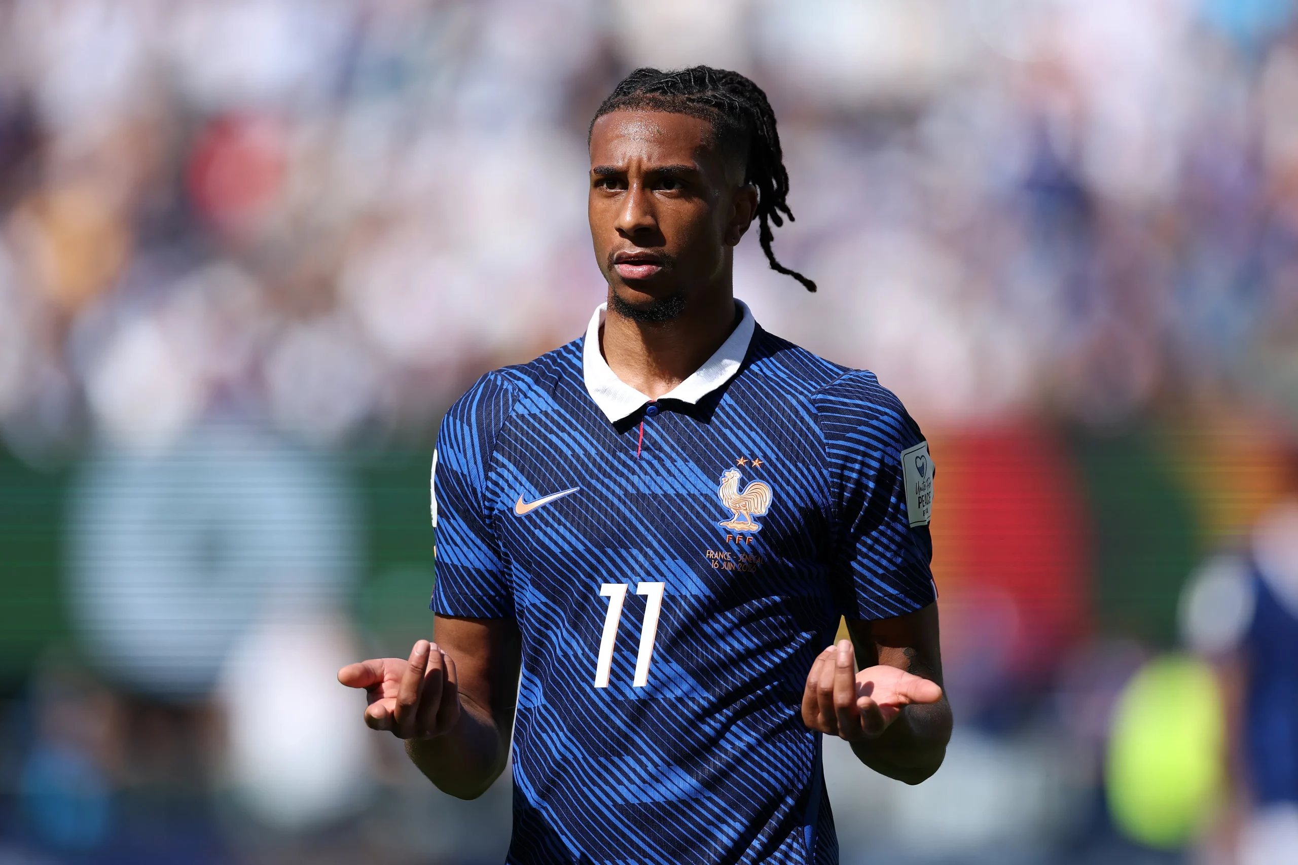 EAST RUTHERFORD, NEW JERSEY – JUNE 16: Michael Olise #11 of France reacts during the FIFA World Cup 2026 Group I match between France and Senegal at New York New Jersey Stadium on June 16, 2026 in East Rutherford, New Jersey. (Photo by Dan Mullan/Getty Images)