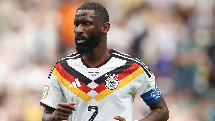 HOUSTON, TEXAS - JUNE 14: Antonio Rüdiger of Germany looks on during the FIFA World Cup 2026 Group E match between Germany and Curacao at Houston Stadium on June 14, 2026 in Houston, Texas. (Photo by Alexander Hassenstein/Getty Images)