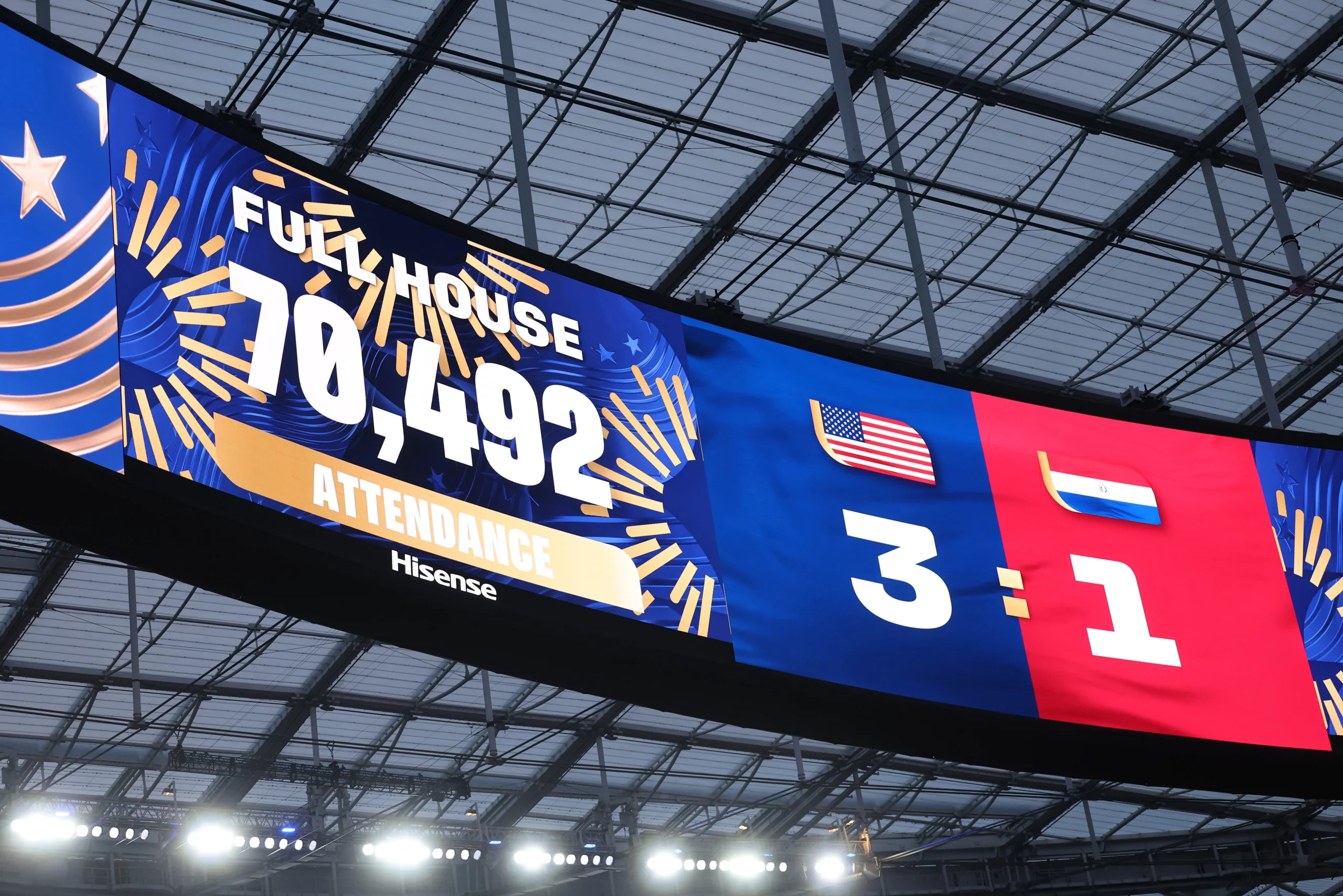 LOS ANGELES, CALIFORNIA – JUNE 12: The LED Screen displays the match attendance of ‘70,492’ during the FIFA World Cup 2026 Group D match between USA and Paraguay at Los Angeles Stadium on June 12, 2026 in Los Angeles, California. (Photo by Jamie Squire/Getty Images)