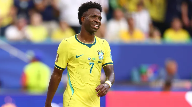 MIAMI GARDENS, FLORIDA - JUNE 24: Vinicius Junior #7 of Brazil looks on during the FIFA World Cup 2026 Group C match between Scotland and Brazil at Miami Stadium on June 24, 2026 in Miami, United States. (Photo by Megan Briggs/Getty Images)