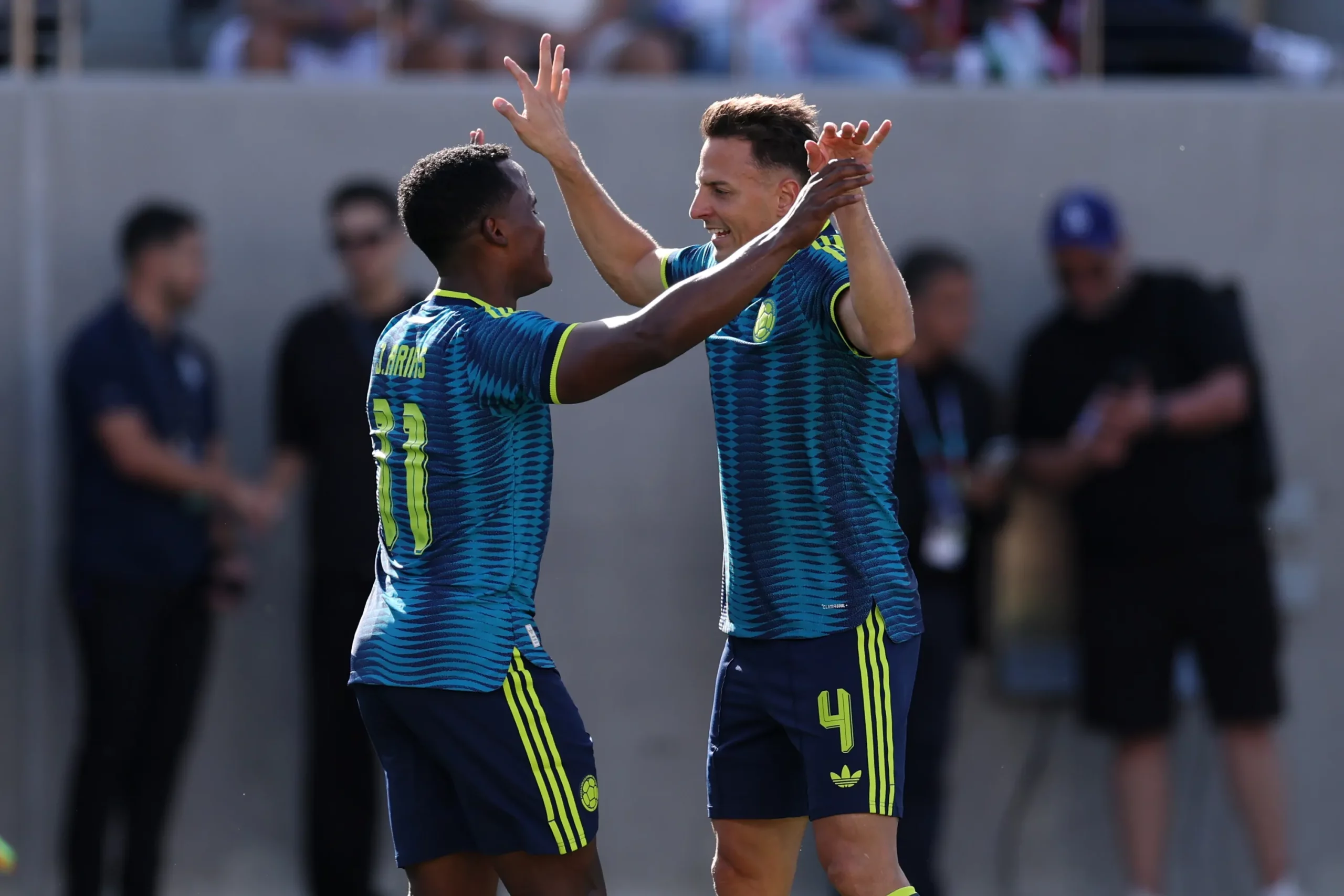 SAN DIEGO, CALIFORNIA – JUNE 07: Jhon Arias of Colombia celebrates with teammate Santiago Arias after scoring the team’s second goal during the international friendly match between Jordan and Colombia at Snapdragon Stadium on June 07, 2026 in San Diego, California. (Photo by Mike Nowak/Getty Images)