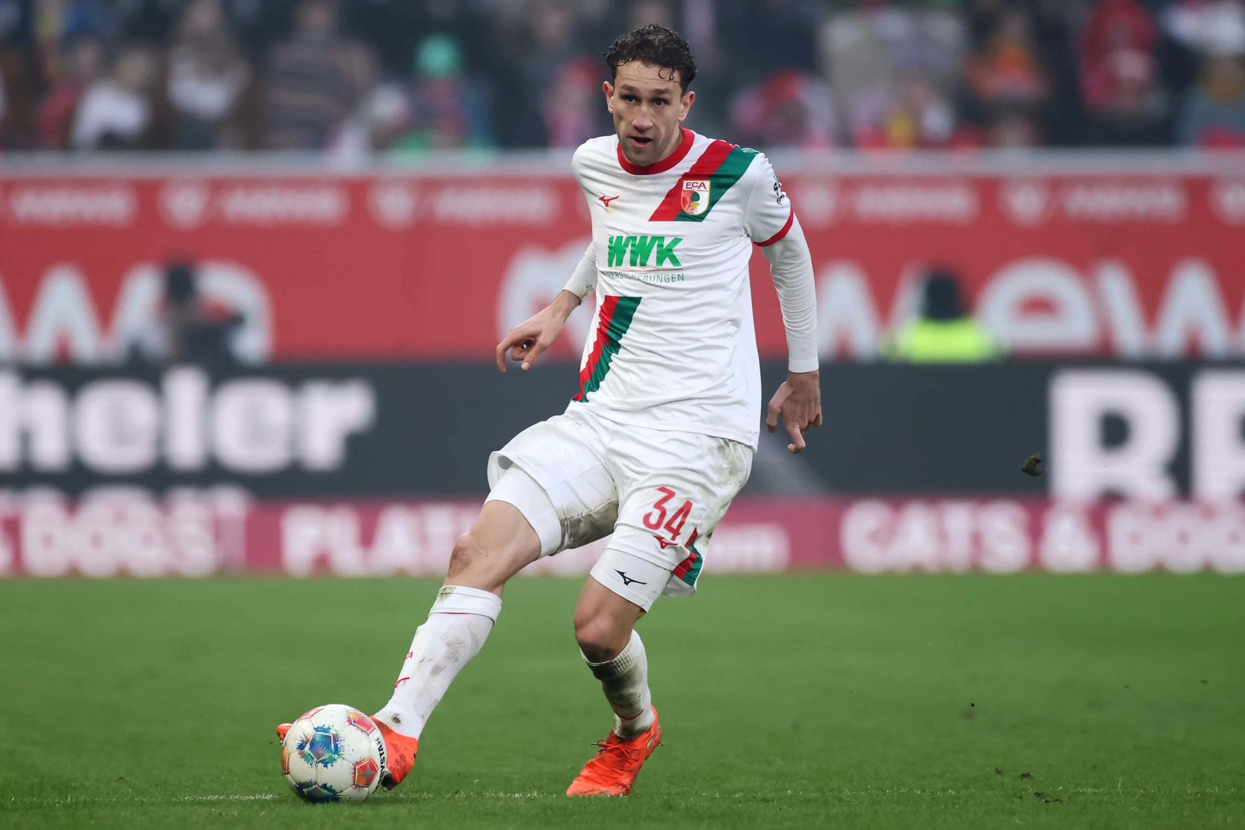 MAINZ, GERMANY – FEBRUARY 07: Arthur Chaves of FC Augsburg controls the ball during the Bundesliga match between 1. FSV Mainz 05 and FC Augsburg at MEWA Arena on February 07, 2026 in Mainz, Germany. (Photo by Alex Grimm/Getty Images)